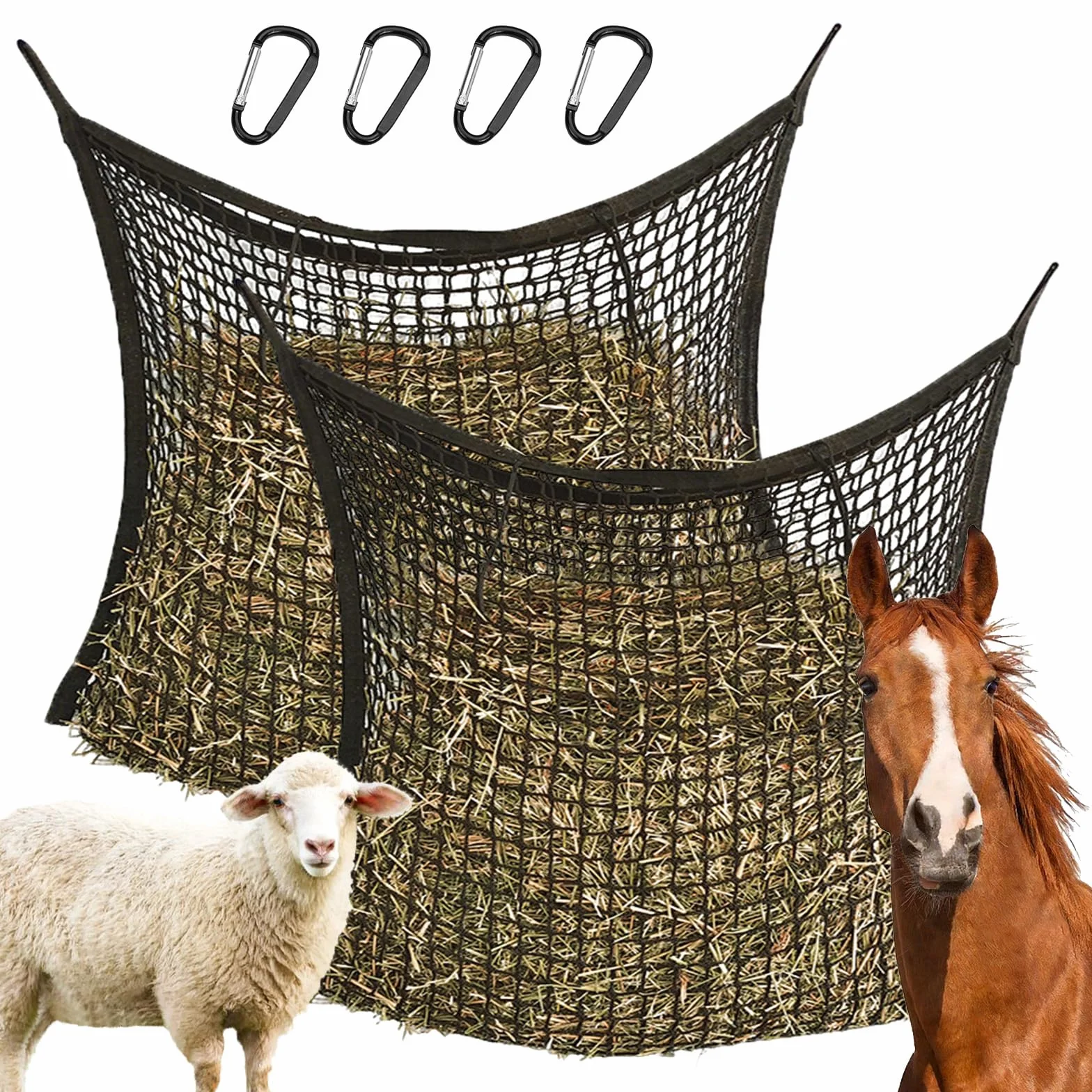 Red de Heno para Caballos,2 Piezas Red de Heno Pacas 80x90 cm,Malla de Henos,con 4 Mosquetones,Capacidad de 8 Kg,Prolongación de La Hora de Alimentación,para Cabras,Animales,Caballos