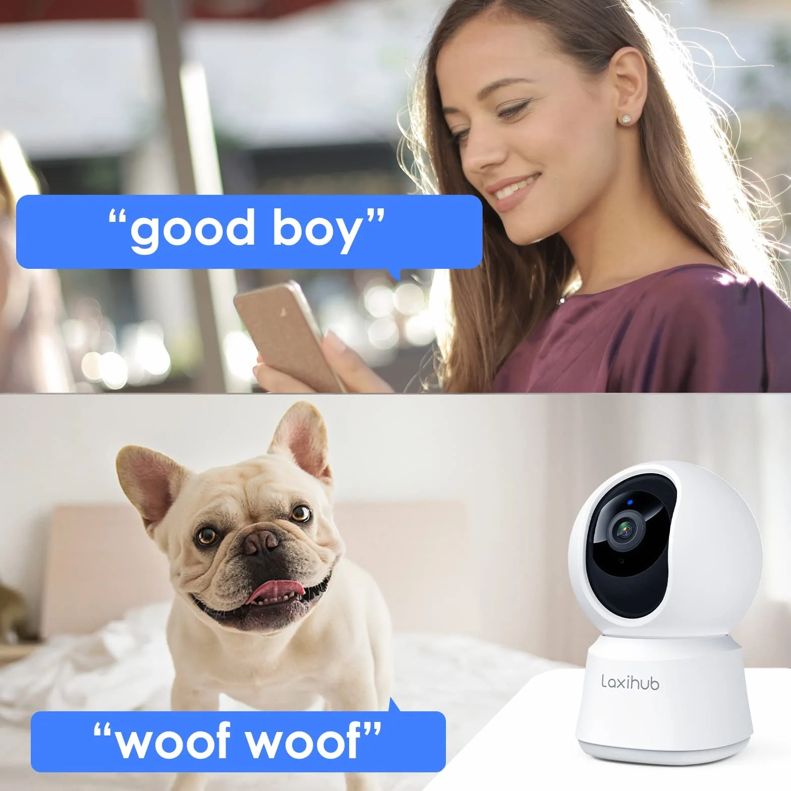 LAXIHUB 2.4GHz WiFi Cámara vigilancia Interior, PTZ 355° Camara para Perros en Casa, Telecamera Wi-Fi Interno Visión Nocturna, Audio Bidireccional, Compatible con Alexa y App Tuya