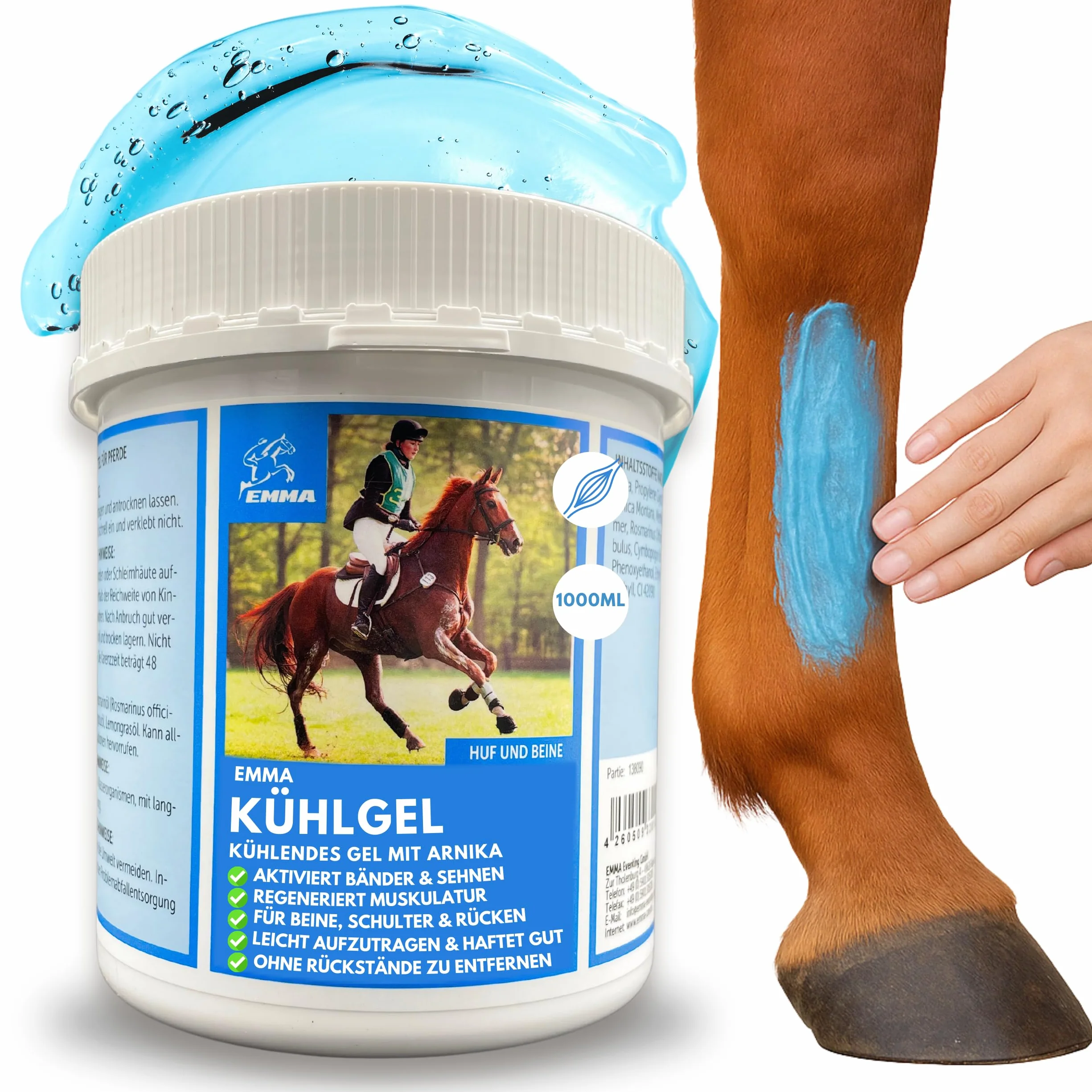 EMMA Bálsamo para Caballos 1000ml Gel Refrescante con Pomada de Árnica Gel Extra Fuerte I Tendones, Ligamentos y Músculos I Pomada Refrescante I Pomada con Gel Crema de Árnica Masaje para Músculos