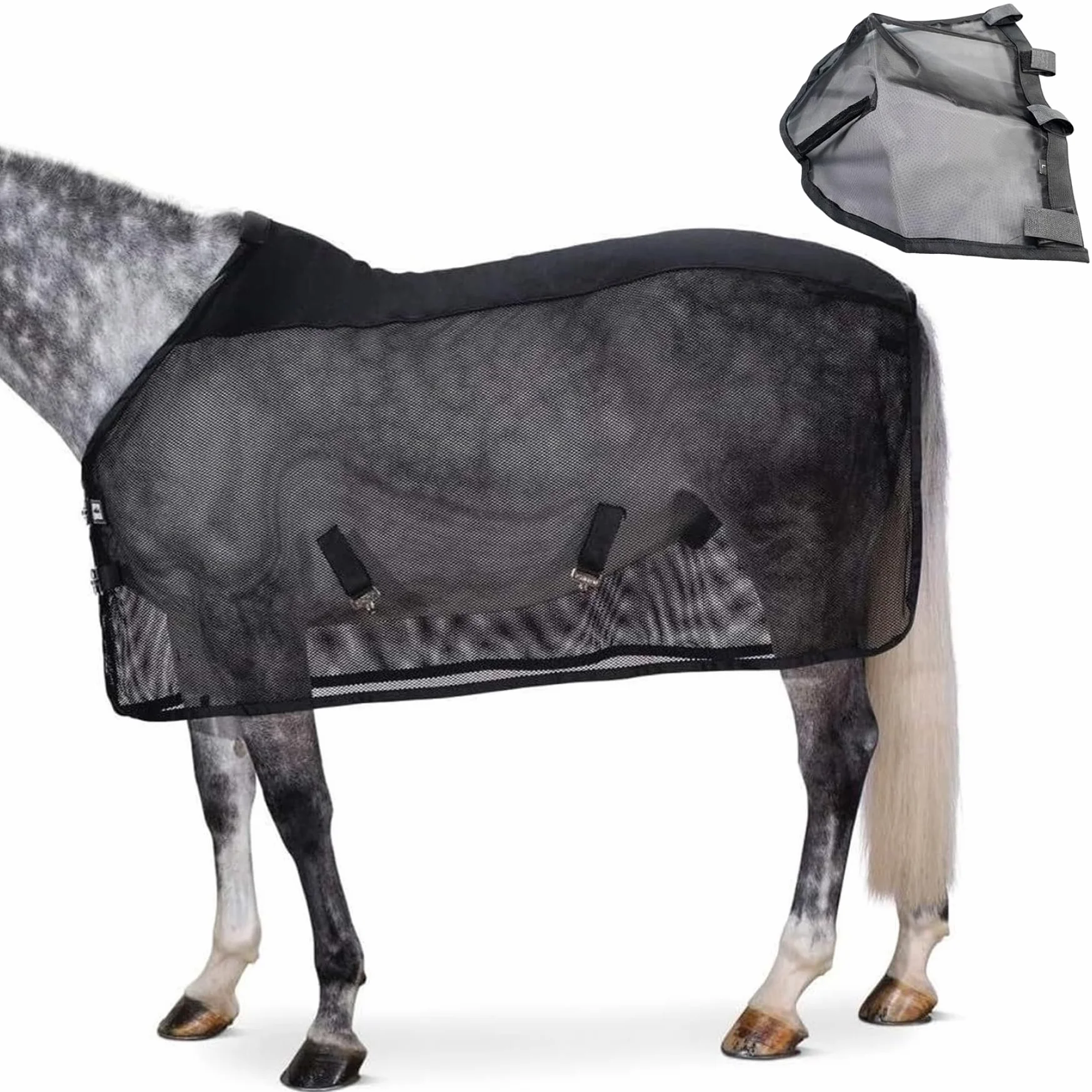 Sábana antimoscas de Malla Ajustable con Cubierta para la Nariz Protección Transpirable contra Insectos de Verano para pastos y mosquiteras para Caballos, Negro, 187 cm/73, 62 Pulgadas, Sábana para