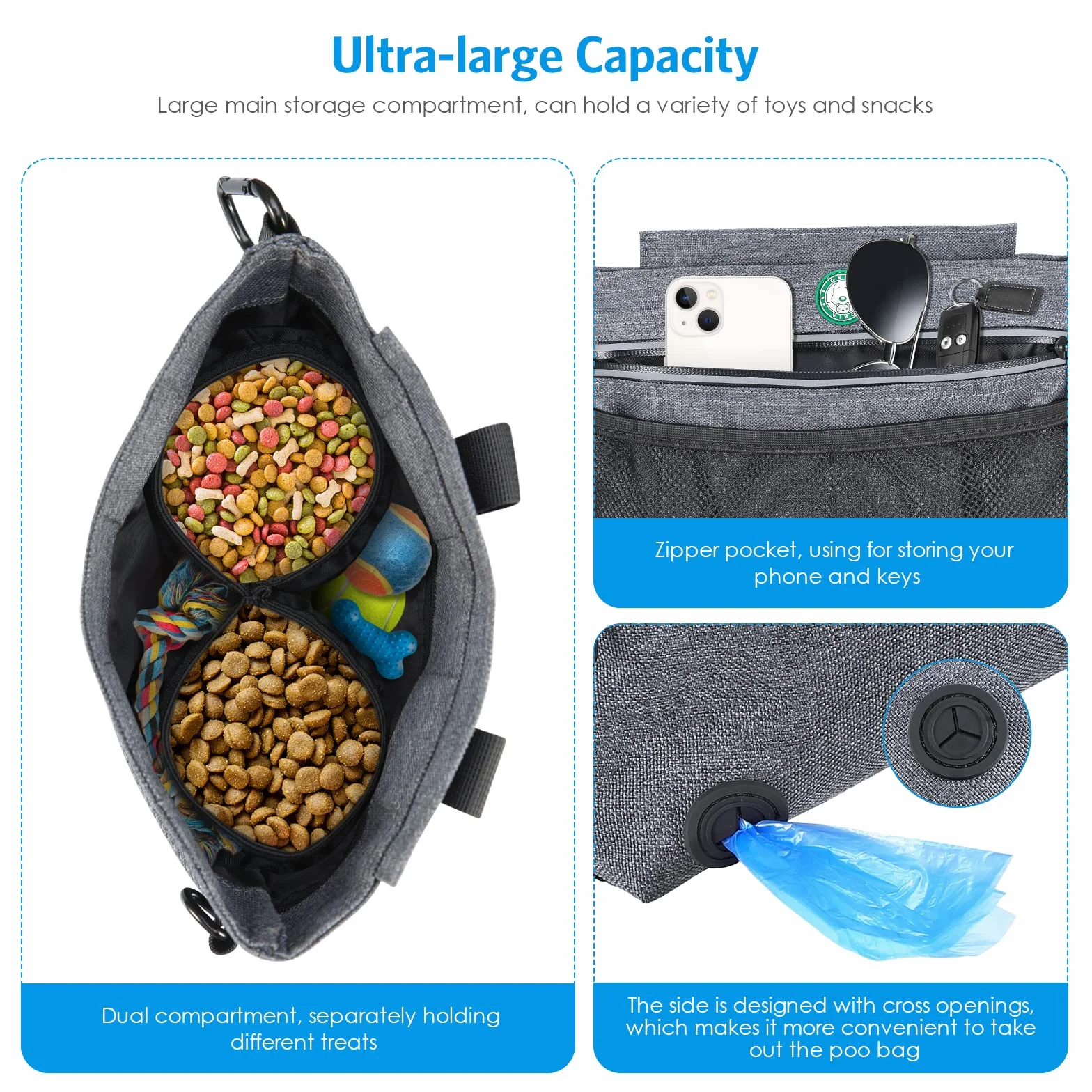 Brifit,Bolsa de entrenamiento para perros con cierre magnético, correas de transporte acolchadas integradas, dispensador de bolsas de excrementos para perros (1 rollo de bolsa de basura)