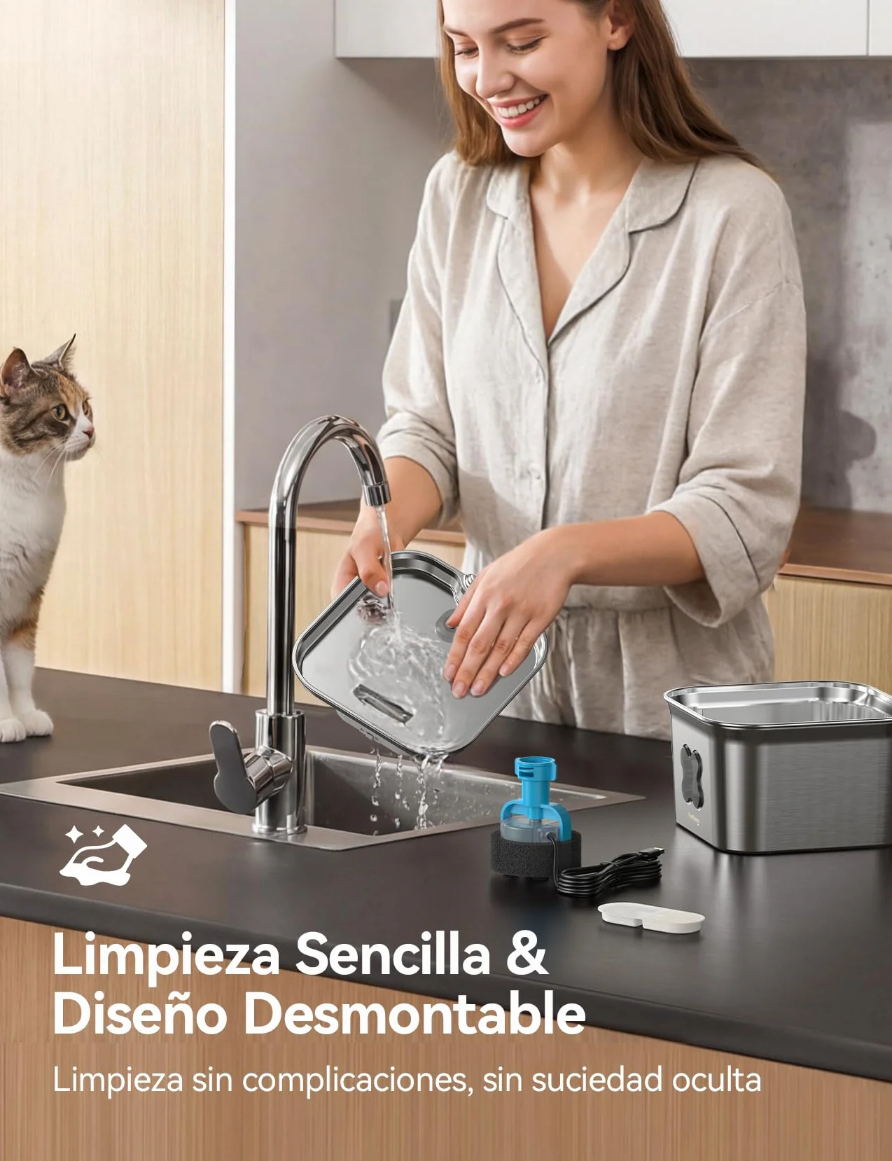 FEELNEEDY Fuente para Gatos Acero Inoxidable 2,8L, Bebedero Gatos con Cable y Filtración de Cuatro Capas, Fácil de Limpiar, Apta para Lavavajillas