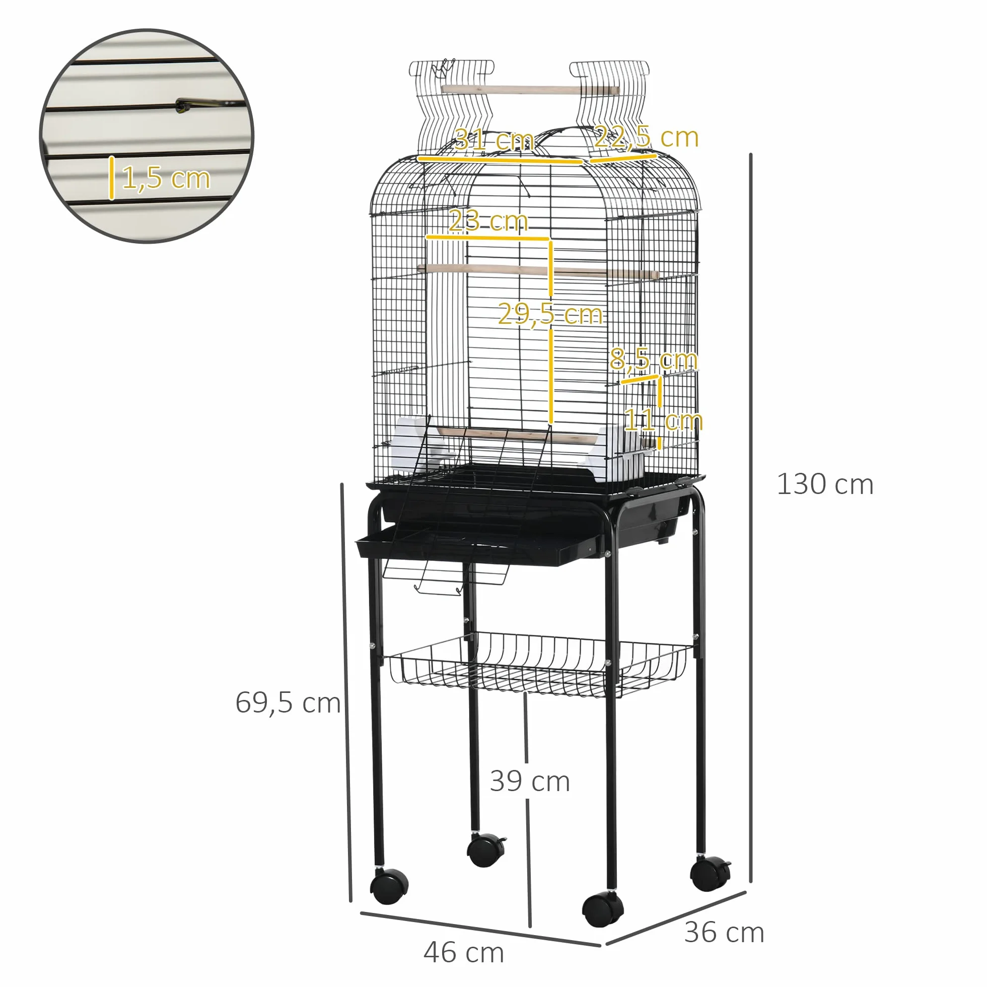 PawHut Jaula para Pájaros con Soporte Jaula de Aves Canarios con 4 Ruedas Techo Abrible 2 Comederos 3 Perchas Bandeja Extraíble y Estante Inferior 46x36x130 cm Negro