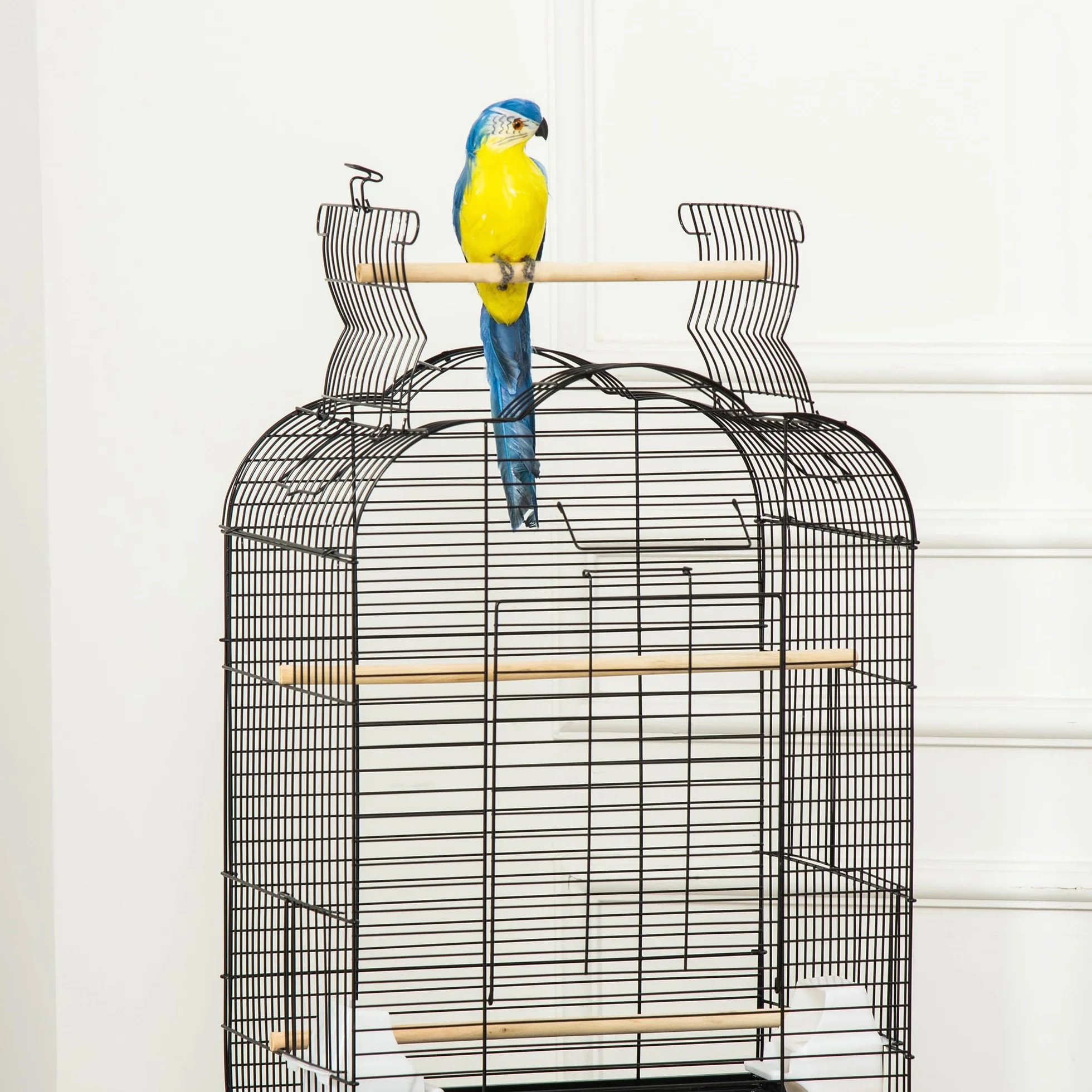 PawHut Jaula para Pájaros con Soporte Jaula de Aves Canarios con 4 Ruedas Techo Abrible 2 Comederos 3 Perchas Bandeja Extraíble y Estante Inferior 46x36x130 cm Negro