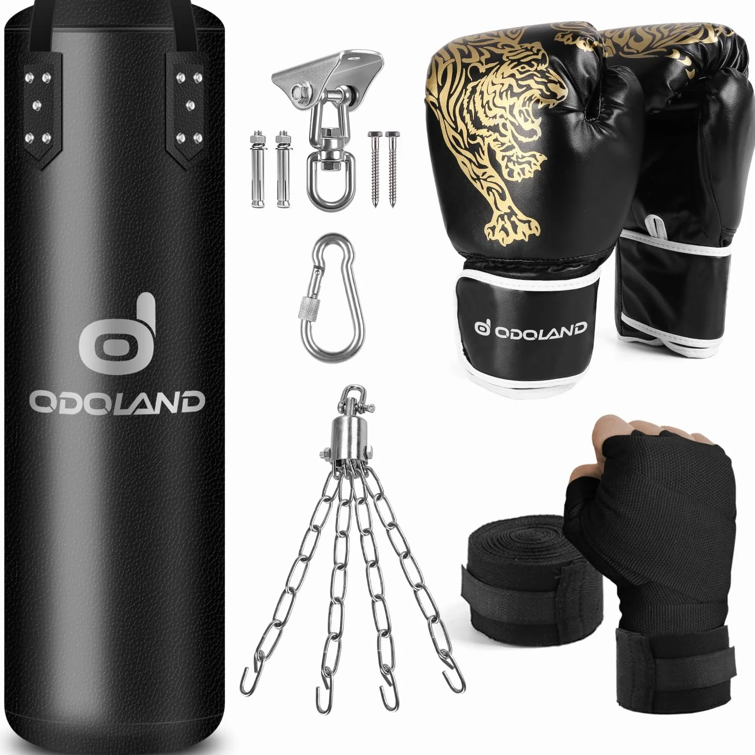 Odoland 6-en-1 Kit de Sacos de Boxeo Sin Relleno 120 cm Bolsa Pesada Kick Boxing 68 kg con Guantes 12 oz Vendajes Cadenas Negro
