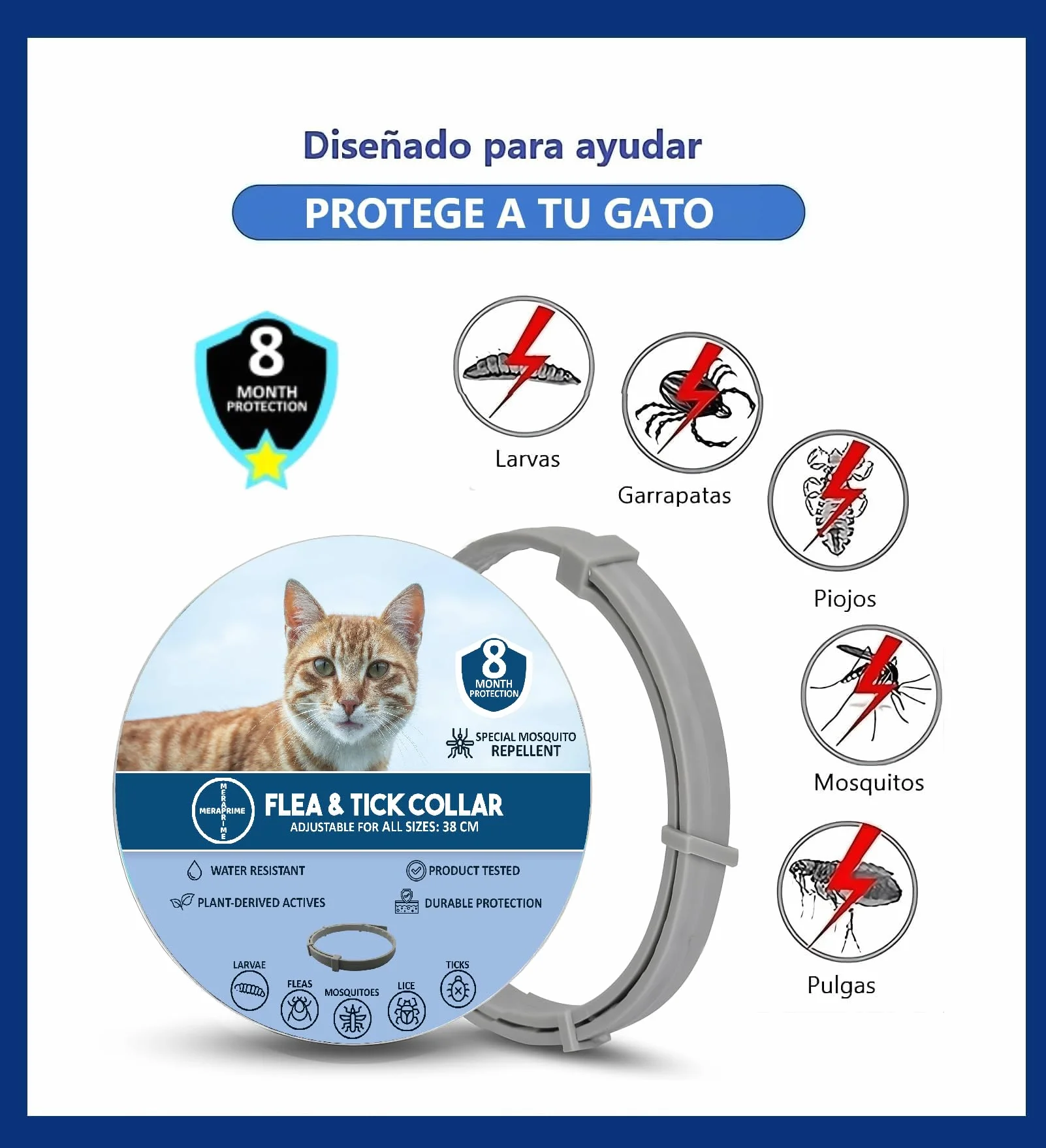 Collar Antiparasitario Gatos y Perros - Desparasitante Gatos Mosquitos, Pulgas y Garrapatas - Collar Antipulgas Gato, Desparasitacion Gato -38cm Ajustable, 8 Meses, Repelente Vegetal, Impermeable