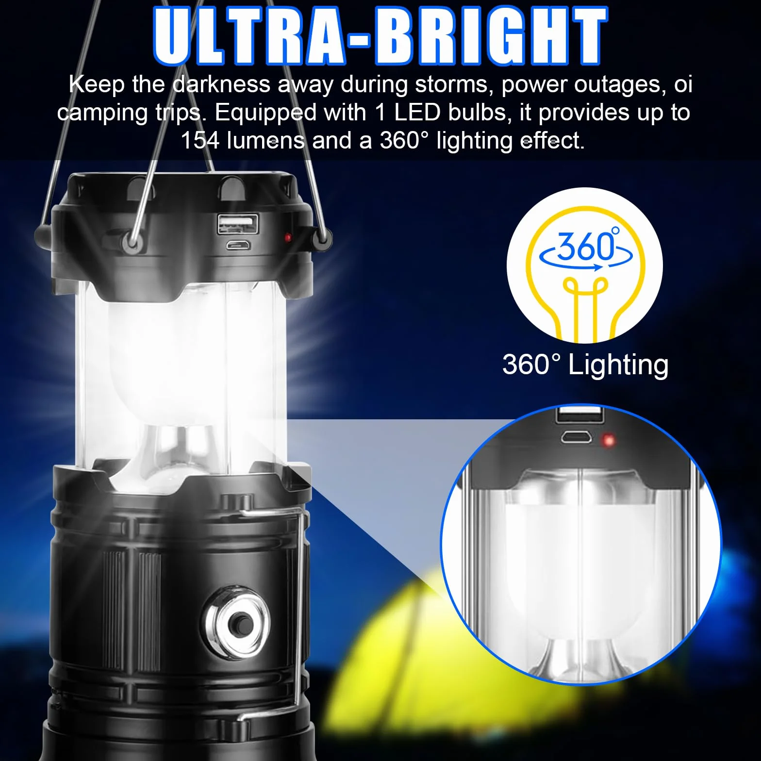 Linterna Camping Solar LED Plegable Impermeable con Gancho, Luz para Acampar, Negro