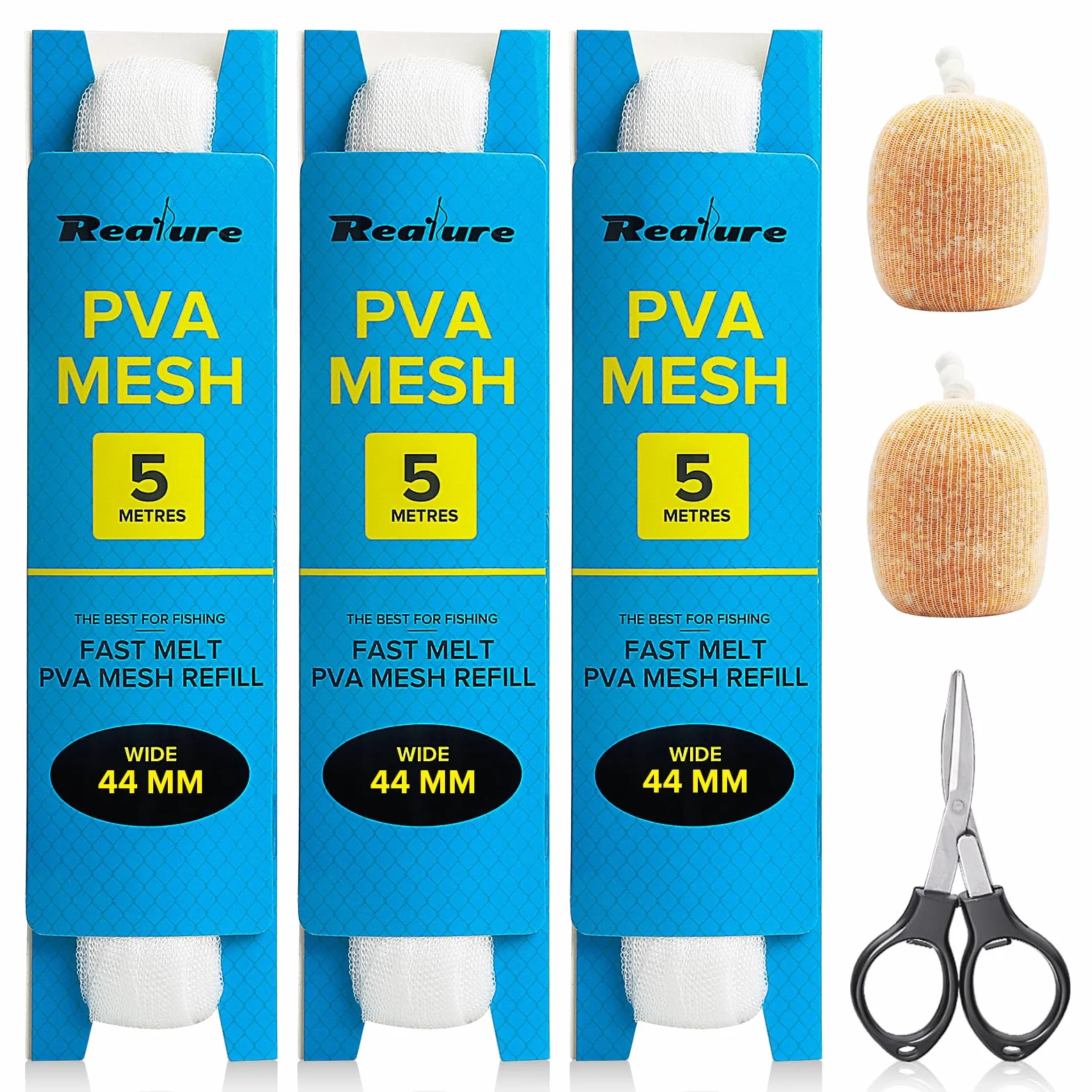 Realure 3 piezas 5 m PVA red de pesca 25 mm 37 mm 44 mm ancho malla accesorios carpas tijeras bolsa fusión rápida cebo boilie