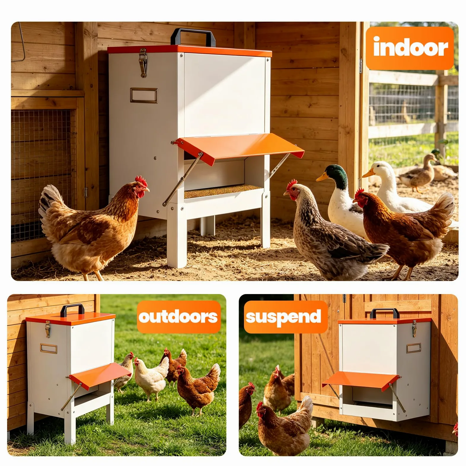 Alimentador automático de pollos colgante de metal de 30 libras, comedero para patos, para exteriores, grandes comederos para patitos al aire libre, sin residuos, alimentador automático para