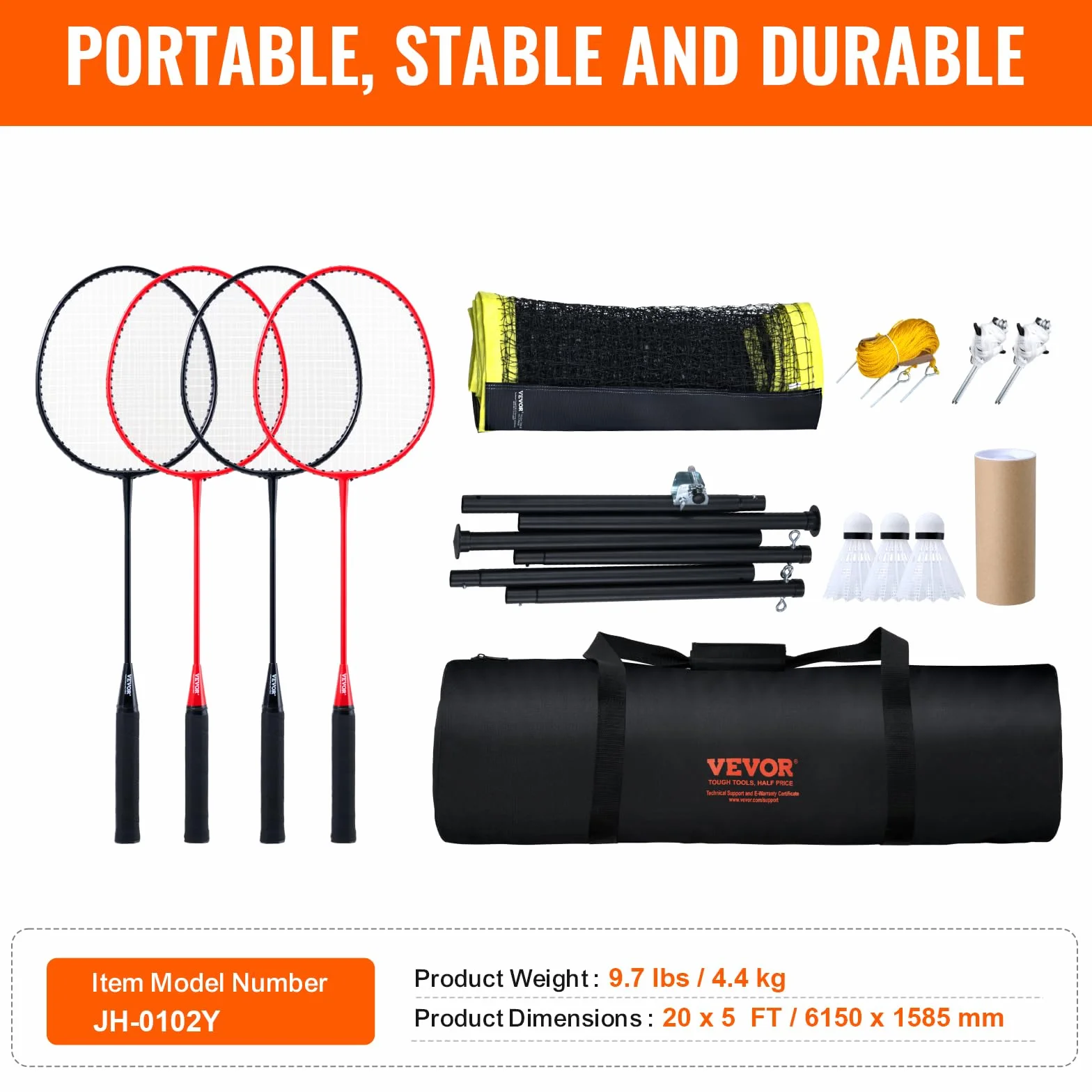 VEVOR Juego de Red de Bádminton Portátil con Postes, Bolsa, 4 Taquetas y 3 Volantes