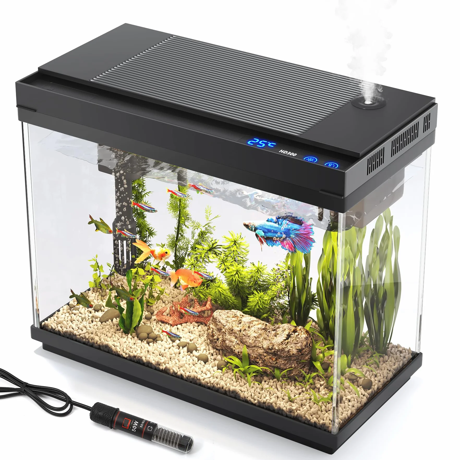 Vehipa Acuario de 9 litros con Calentador, Bomba Silenciosa 3 en 1 con Filtrado, Oxigenación y Circulación, luz con Temporizador de 7 Colores, Indicador de Temperatura y Humidificador