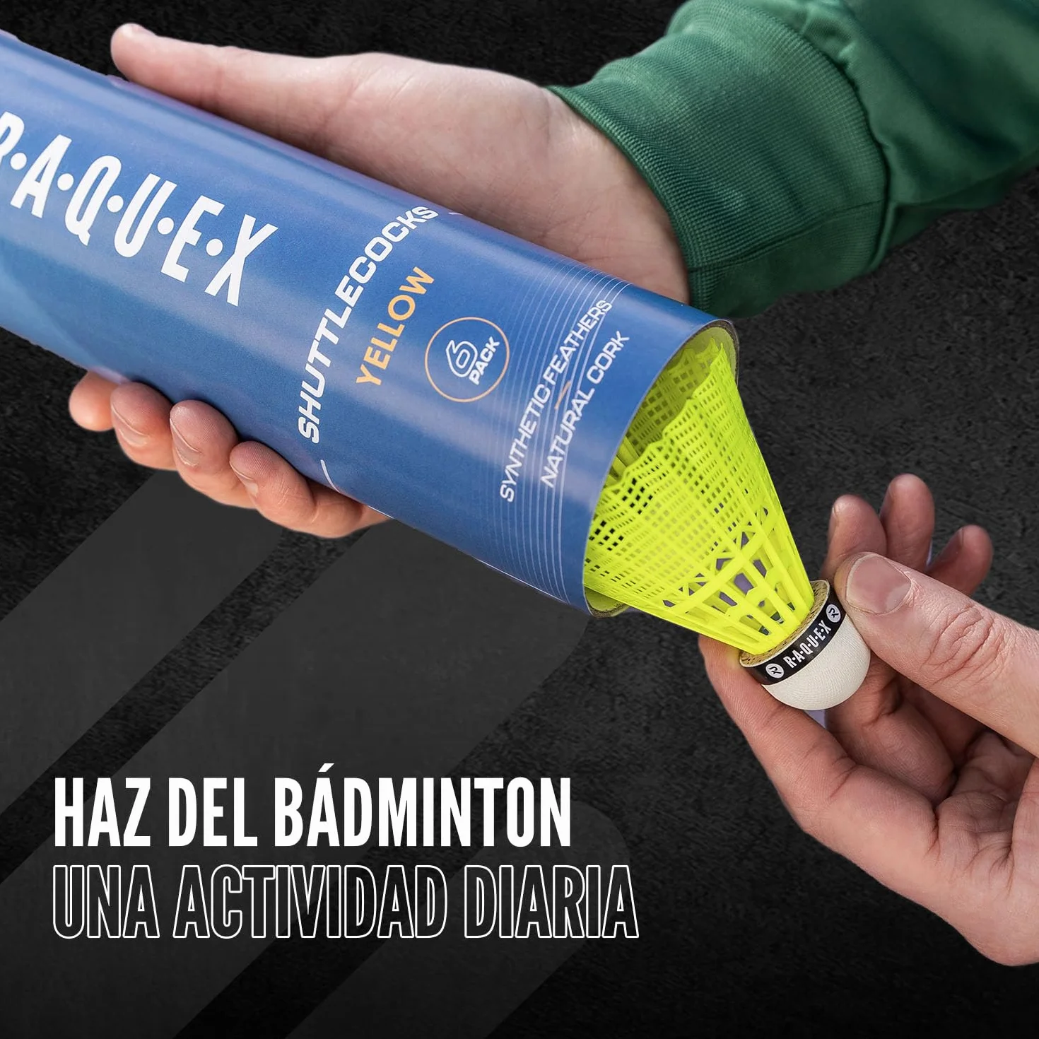 Raquex Tubo de 6 Volantes de Bádminton de Nailon y Corcho Natural, 3 Velocidades, Blanco/Amarillo
