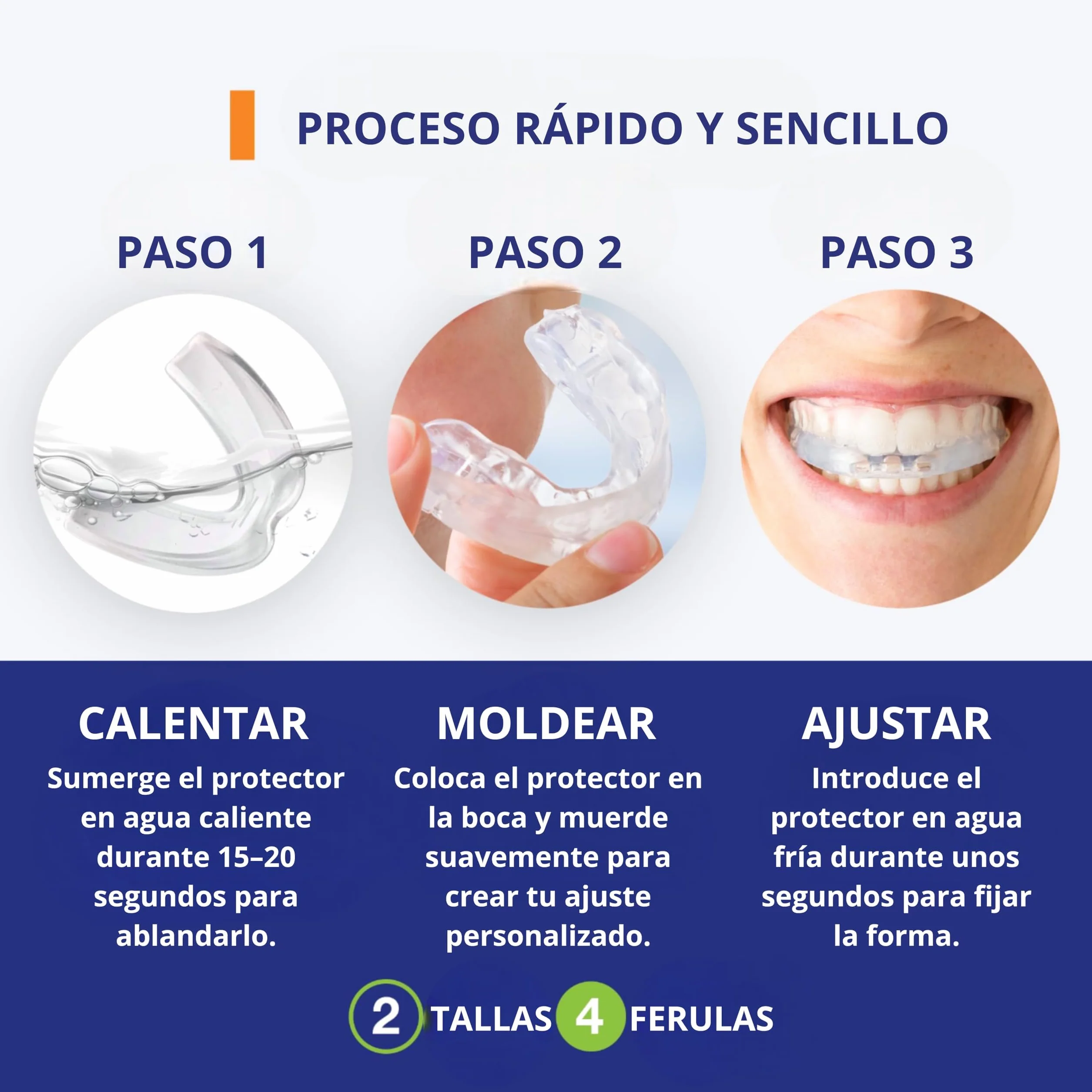 Férula Dental Anti Bruxismo Ajustable y Reutilizable – Pack 4 Unidades (2 Pequeñas + 2 Grandes) Protector Bucal para Dormir