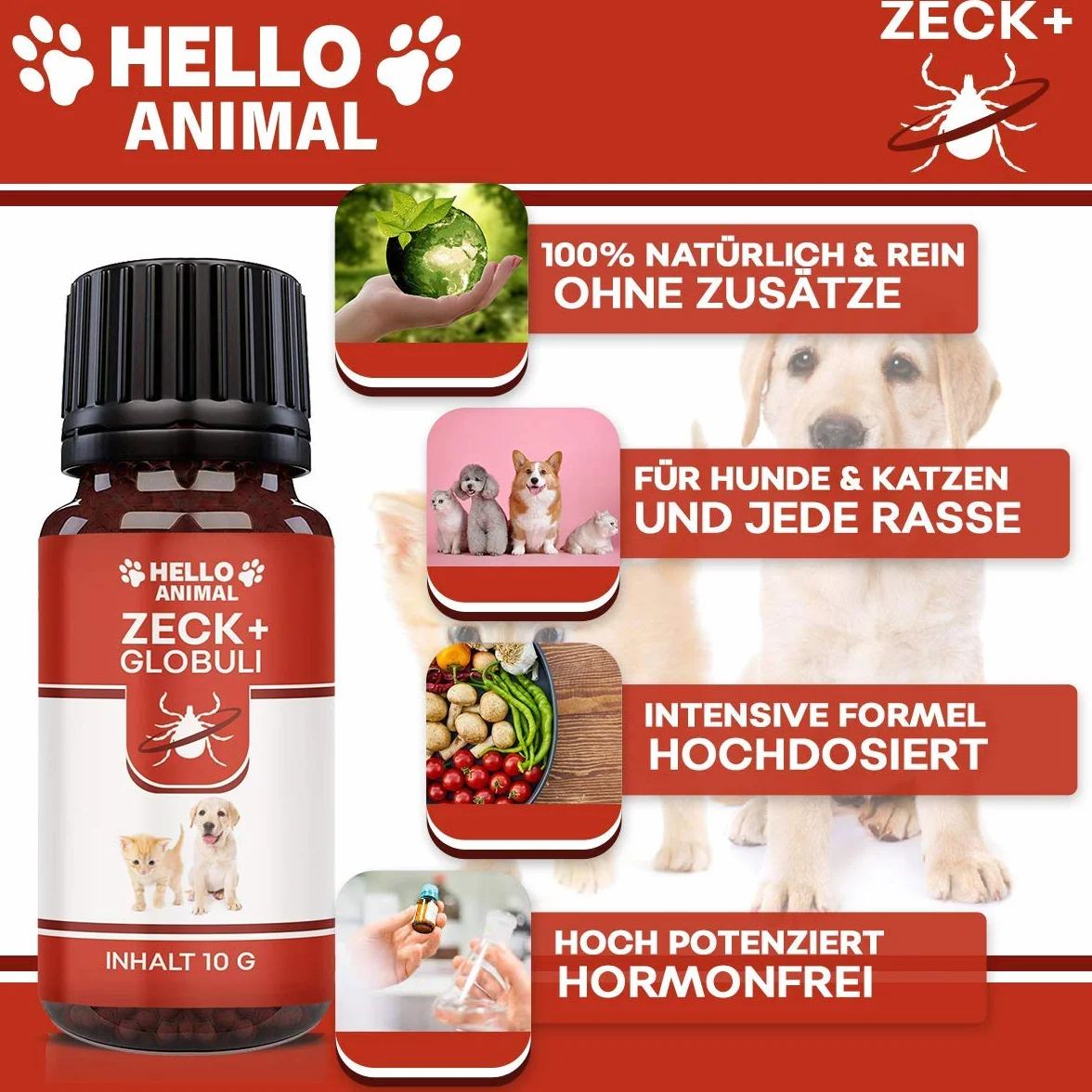 Hello Animal ZECK+ - Píldoras de 10 g, protección contra garrapatas, gato y perro, apoyo vegetal para el tiempo de las garrapatas, dosificación fácil, alimento complementario natural para animales