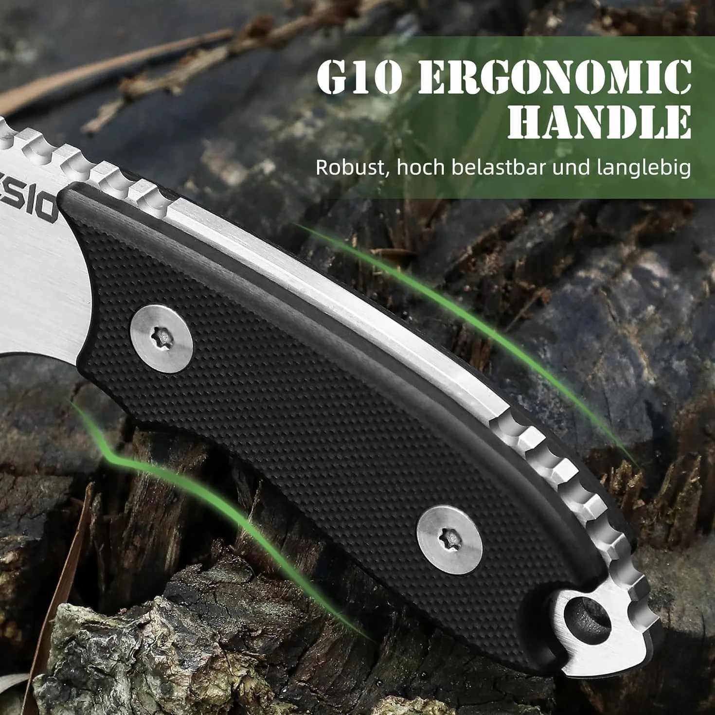Omesio Cuchillo de cuello D2 acero 5.45 pulgadas con funda y collar