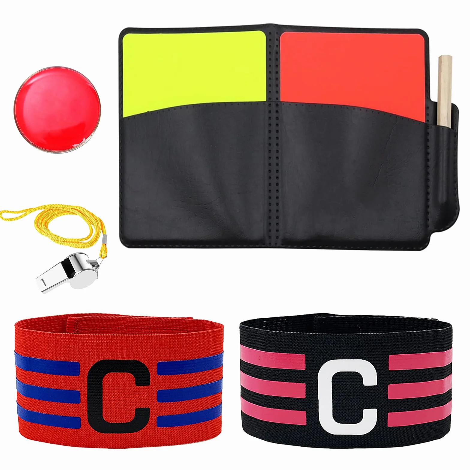 Kit de Tarjetas de Árbitro Roja y Amarilla con Silbato y 2 Brazaletes de Capitán para Fútbol