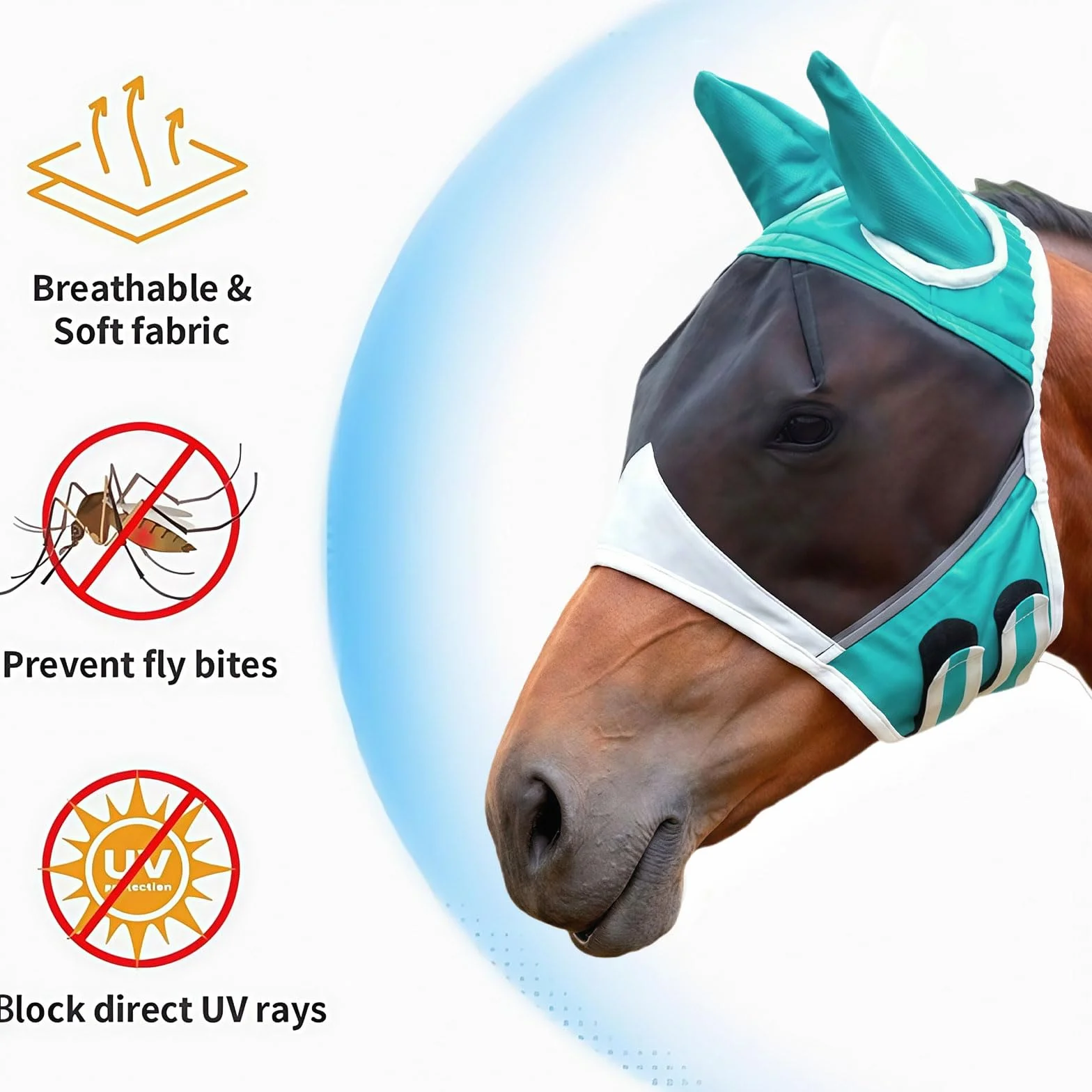 Máscara de mosca de caballo MUNSKT transpirable elástica con gran espacio para los ojos, máscara contra mosquitos e insectos, máscara de mosca Shires con orejas para caballos (M)