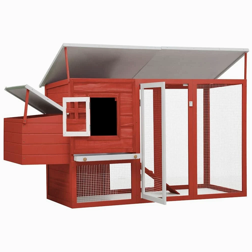Gallinero exterior de madera de pino con techo verde impermeable, jaula de gallinas de madera roja, pajarera, rampa de acceso, bandeja deslizante y jaula de huevos
