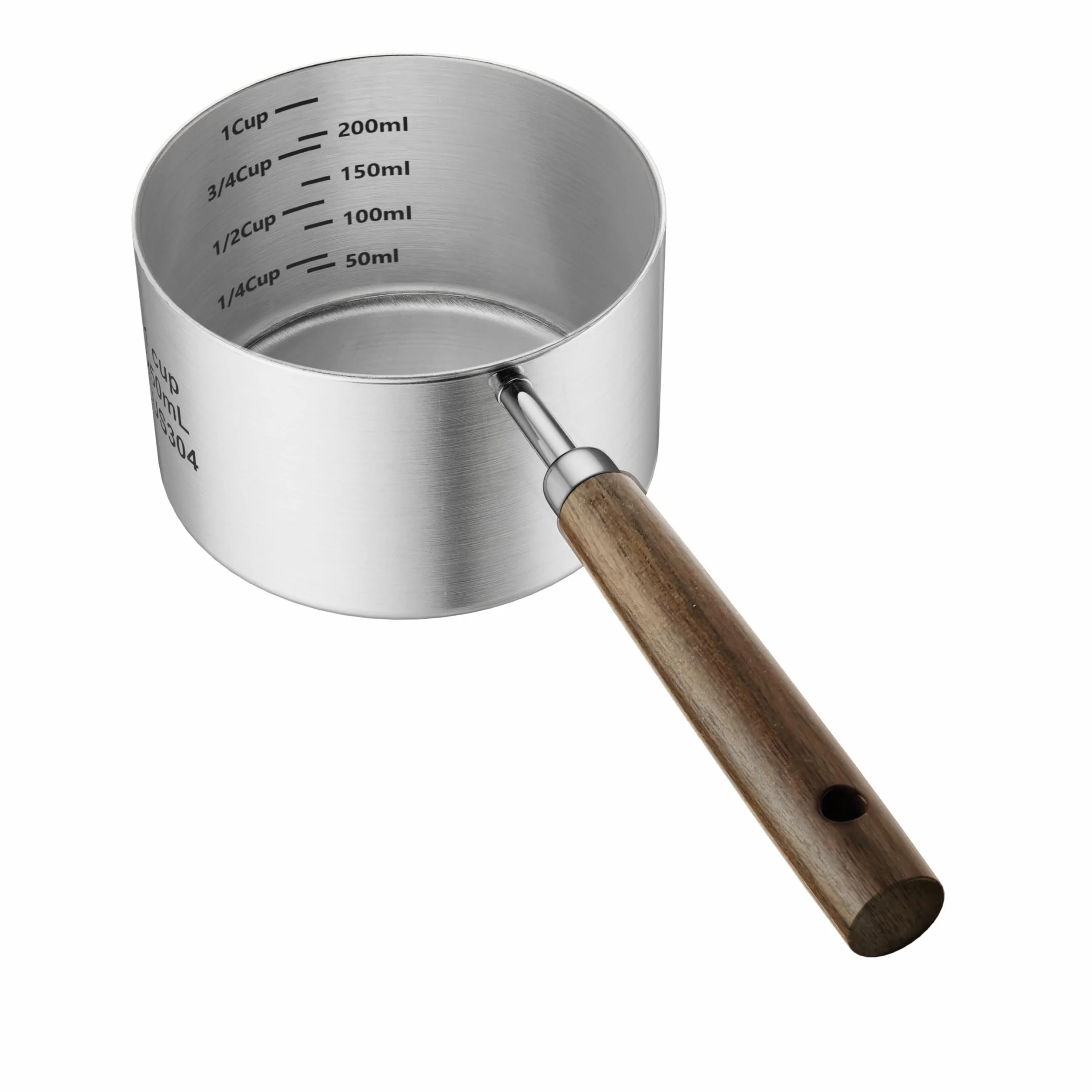 Cuchara de comida para perros y gatos, 1 taza, taza medidora de acero inoxidable 304 con mango largo de madera, cuchara duradera para perros, gatos, conejos, fácil de limpiar con marcas de