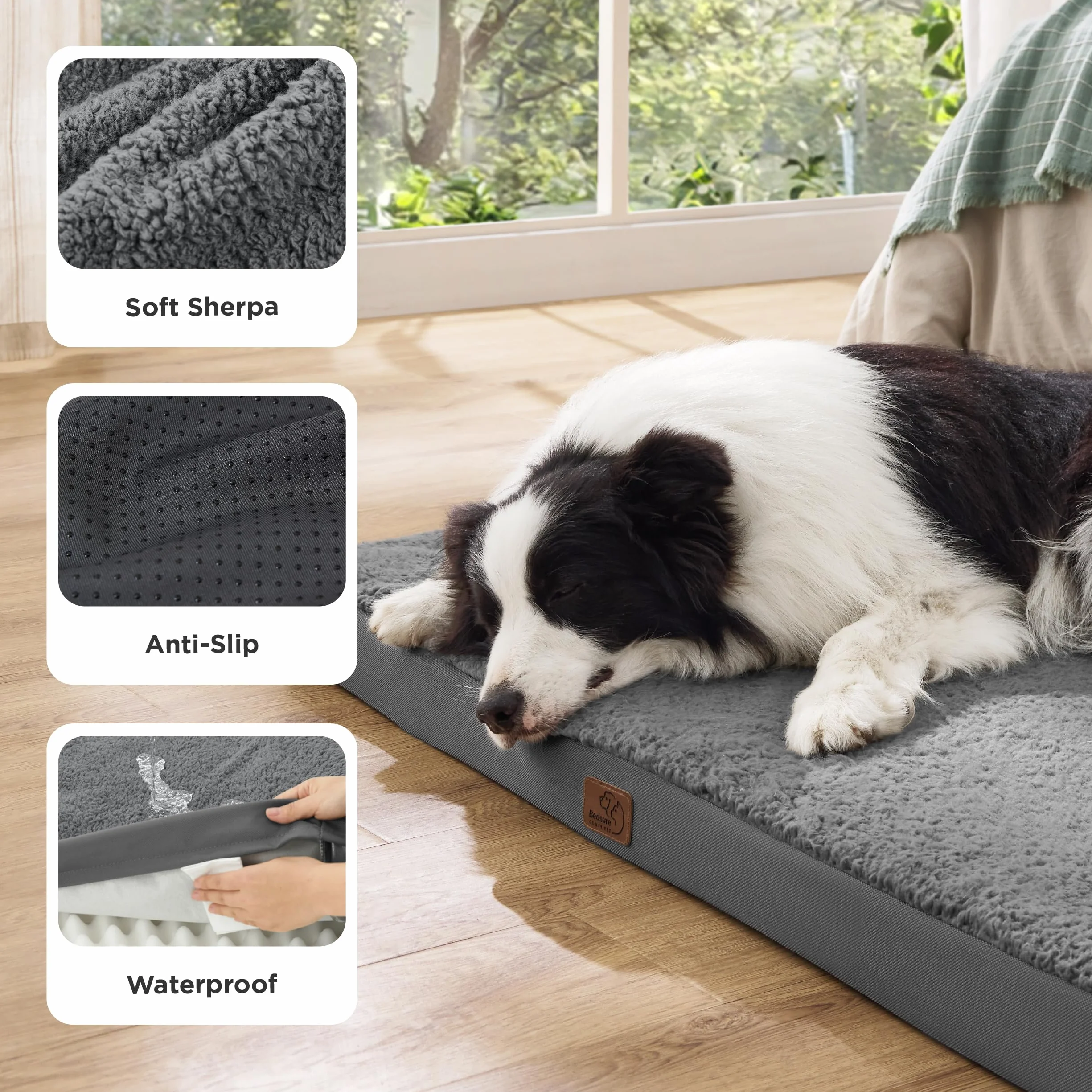 Bedsure Cama Perro Extra Grande Ortopédica - Colchón Perro Lavable XL, Desenfundable con Espuma De Caja De Huevos, 112x81x7.6 cm, Gris Oscuro
