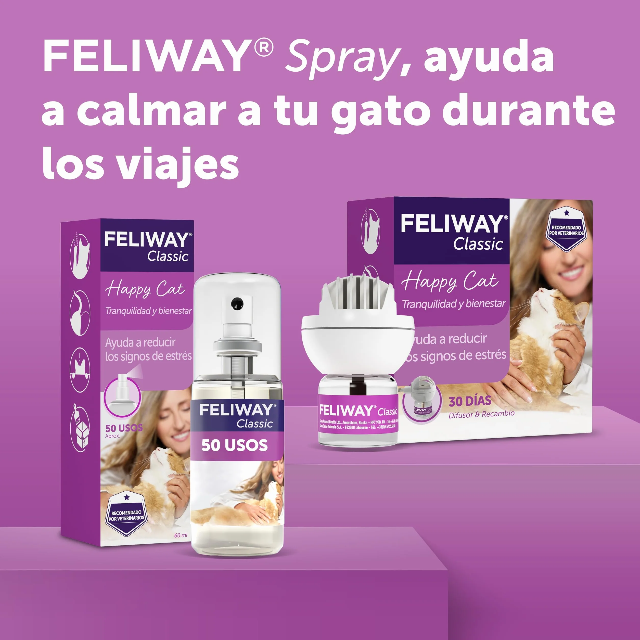 FELIWAY Classic Spray - Feromonas calmantes para gatos (60ml). Reduce los marcajes con orina y el estrés durante los viajes en transportín. Recomendado por veterinarios.