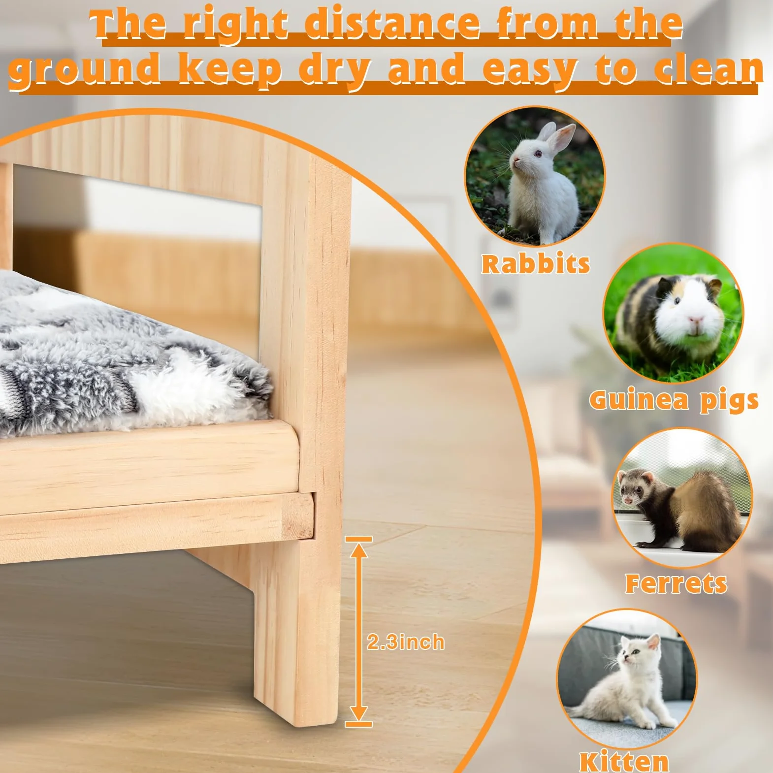 BWOGUE Cama grande de madera para conejos, cama plegable 2 en 1 para mascotas con cojín extraíble, cama de animales pequeños para conejos, conejos, cobayas, gatitos, cachorros, hábitat para dormir