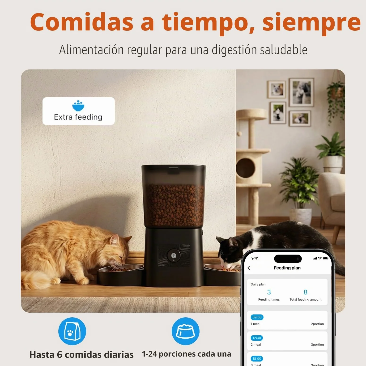HoneyGuaridan Comedero Gato Automatico Doble, 5 G/2.4 G WiFi Dispensador Comida Gatos Perros, Comedero Gato Automatico 2 Tazones, Control App, Acero Inoxidable, Grabadora de Voz