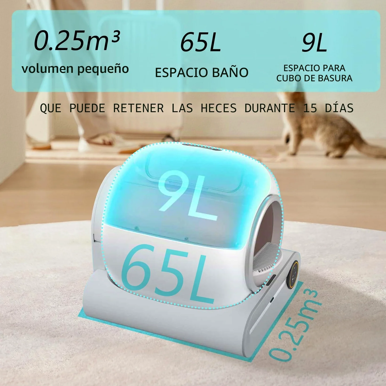 Arenero Gatos Autolimpiable, Arenero Automatico, 65L XXL | Desodorizante, Controlado por Aplicación, Cagadero Autolimpiable Grande, Adecuado para Varios Gatos