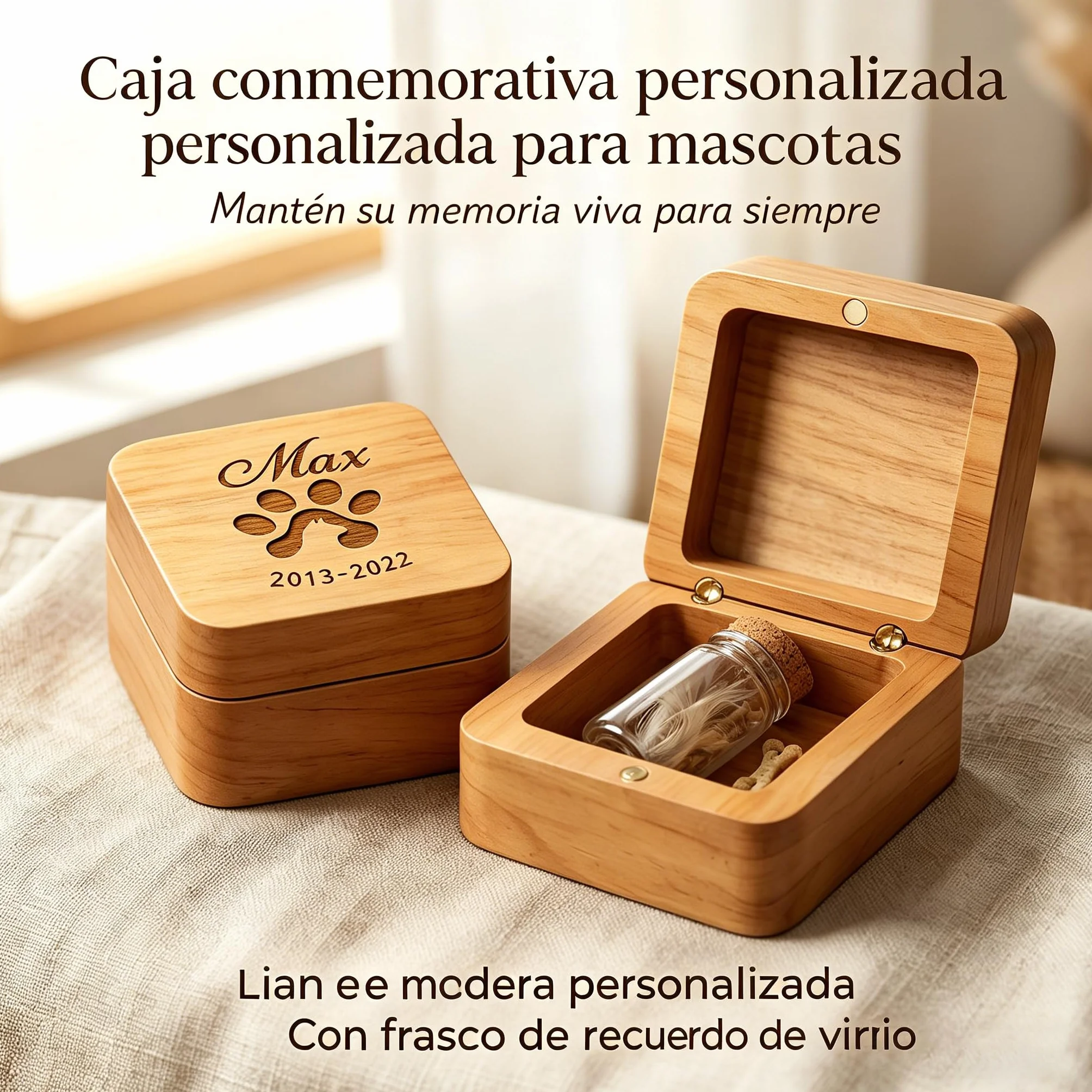 VEELU Regalo Conmemorativo Perro Gato Personalizado - Caja de Recuerdos con Foto y Nombre, Pequeña Urna de Madera para Cenizas y Pelo con 4 Frascos de Vidrio, Regalo por la Pérdida de una Mascota