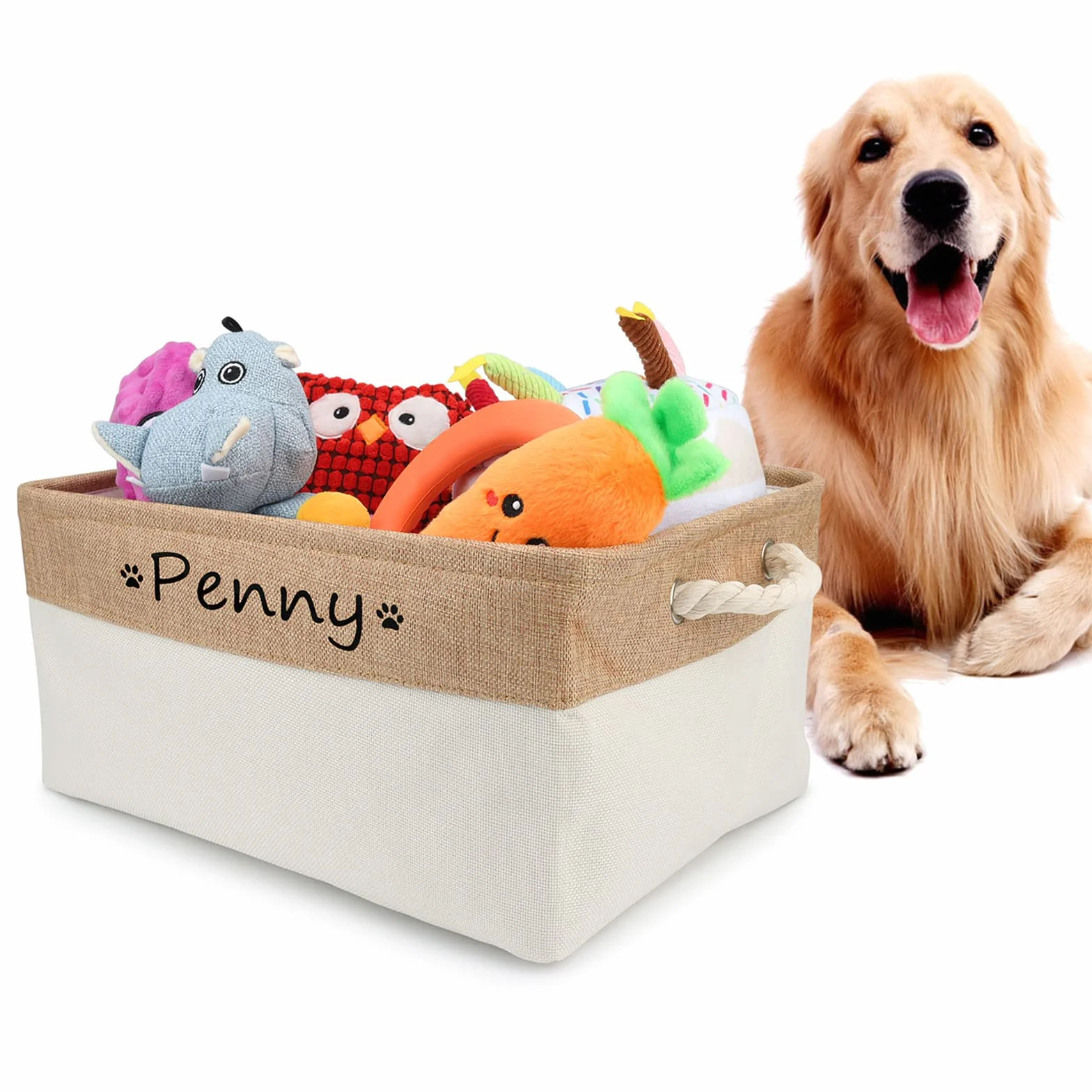 Cesta de almacenaje personalizada con nombre y dibujo, cesta plegable para juguetes de perro con asa de algodón, caja de almacenaje para organizar comida, ropa y accesorios para perros(Beige)