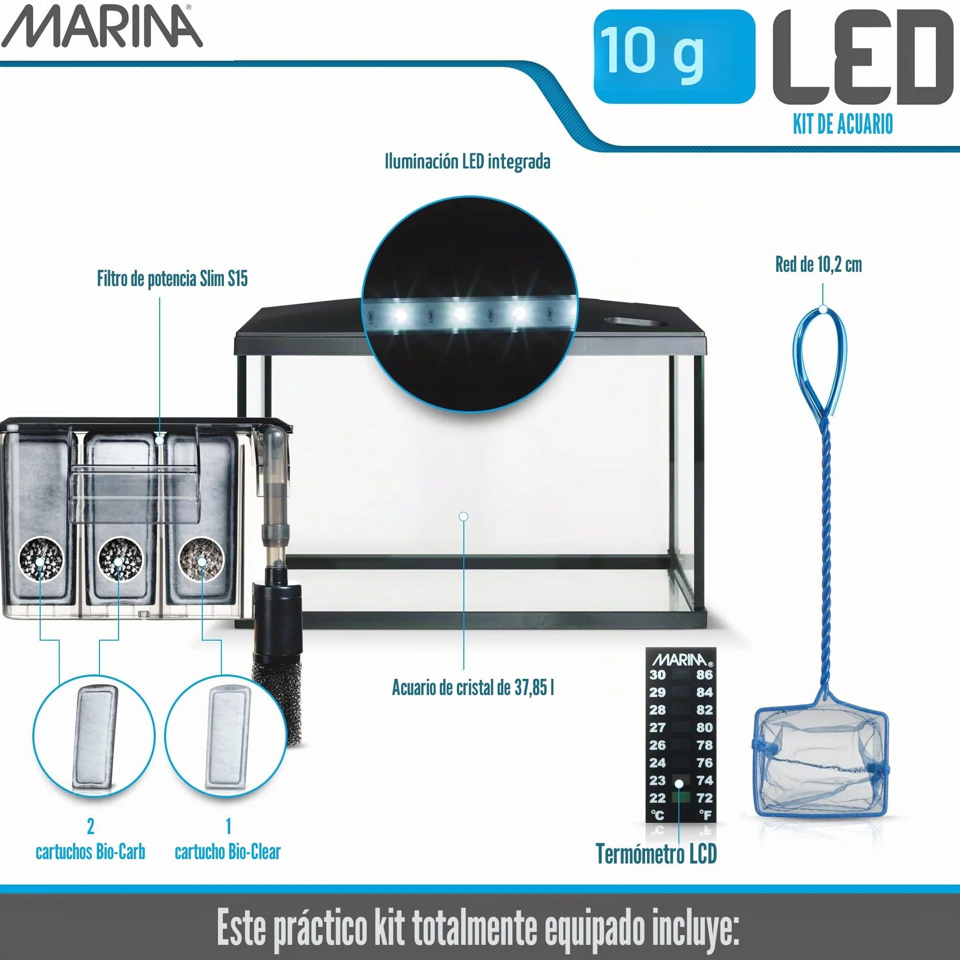 Marina 15256 - Kit de Acuario con Iluminación LED 10G, 38 L, Transparente