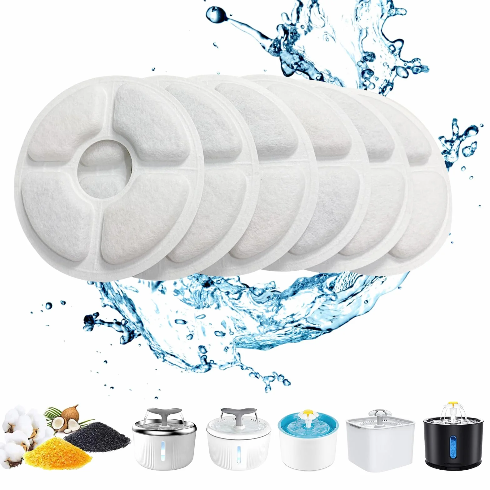 Filtros Fuente Gatos, 1.6-2.5L Filtros Fuente para Gatos Repuesto de [6PCS] Filtros Agua Gato de Triple Acción con Resina de Intercambio Iónico, Carbón Activado