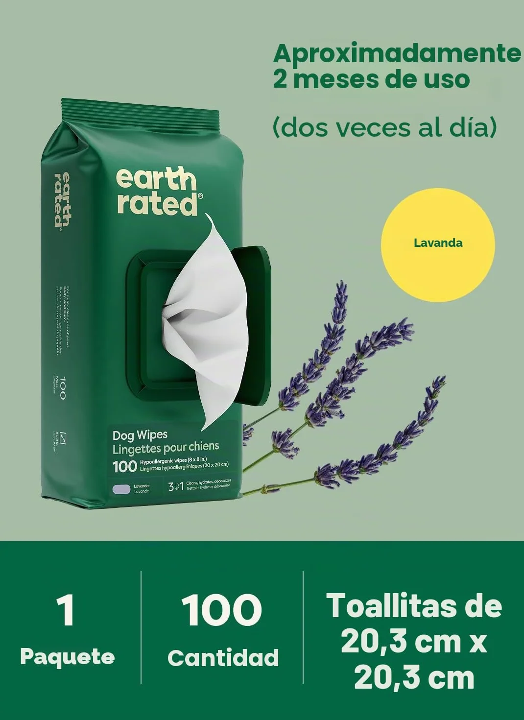 Earth Rated Toallitas hipoalergénicas para Perros, para Limpiar y Eliminar olores de Patas, Cuerpo y Trasero, Cachorros y Perros Adultos, Aroma a Lavanda, 100 Unidades