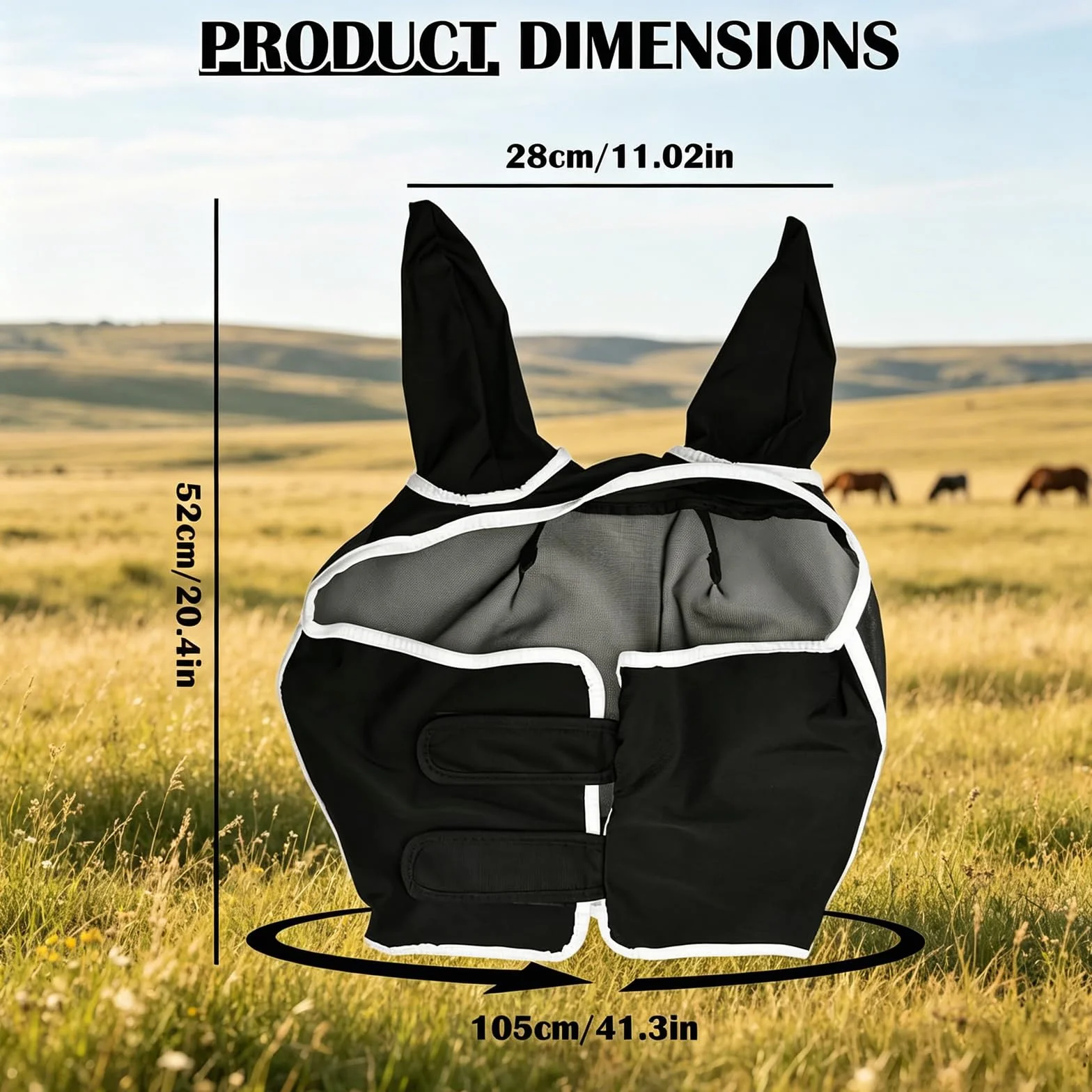 Máscara transpirable para moscas de caballo, máscara de mosca de caballo blanco y negro con orejas, tamaño ajustable (L)