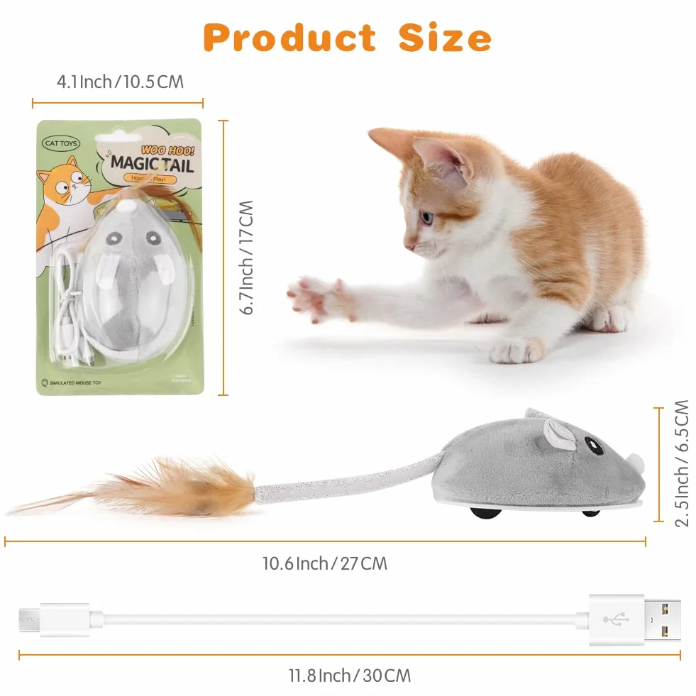 Ratón de Juguete Eléctrico, Juguete Eléctrico para Gatos Peluche Ratones, Inteligente Automático Ratones de Juguete para Gatos con Cola Emplumada, Carga USB Ratones Juguete de Gato Interactivo