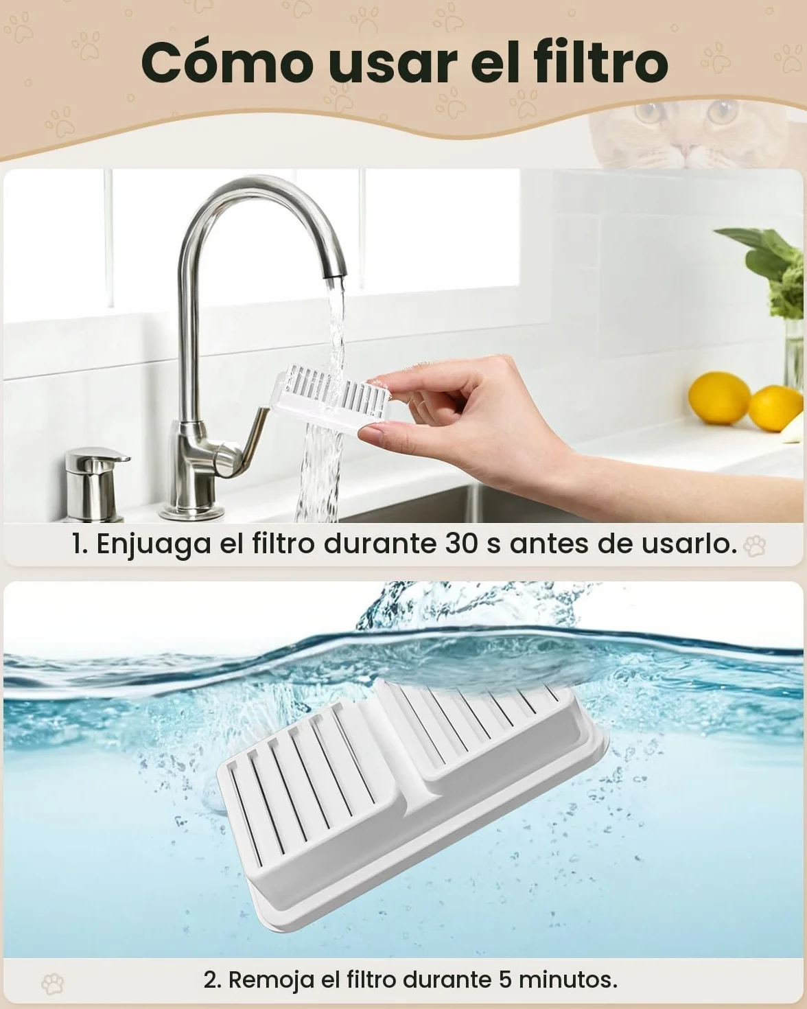 PawPoll Filtros de Fuente para Gatos sin Cable, 6 Filtros de Carbón y 6 Esponjas para 3,2 L Acero Inoxidable Fuente Gatos