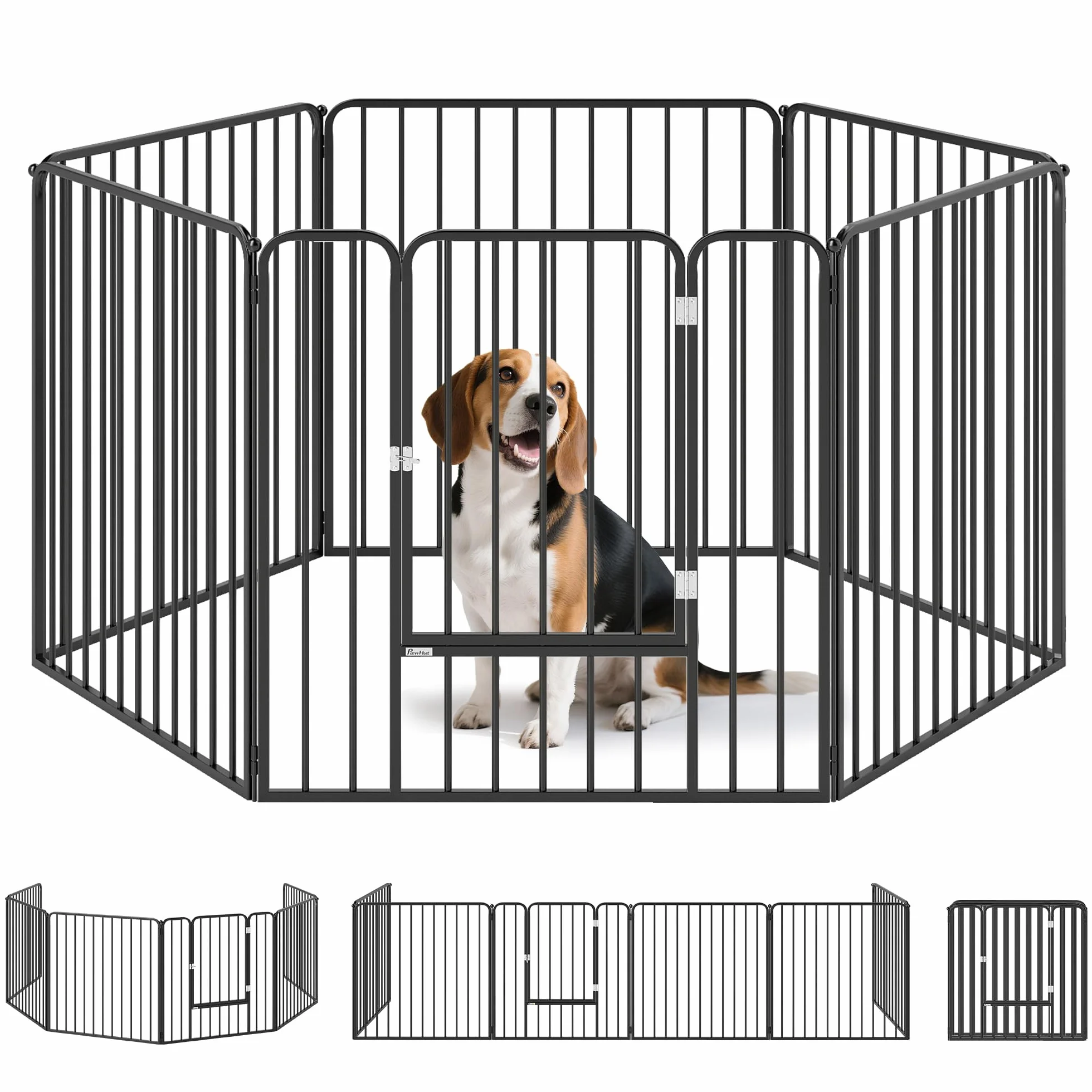 PawHut Parque modular para perros y cachorros con 1 puerta 80x80 cm Negro | Valla, 6 paneles, Parque de acero para juego y ejercicio para perros, cachorros, mascotas, altura 80 cm
