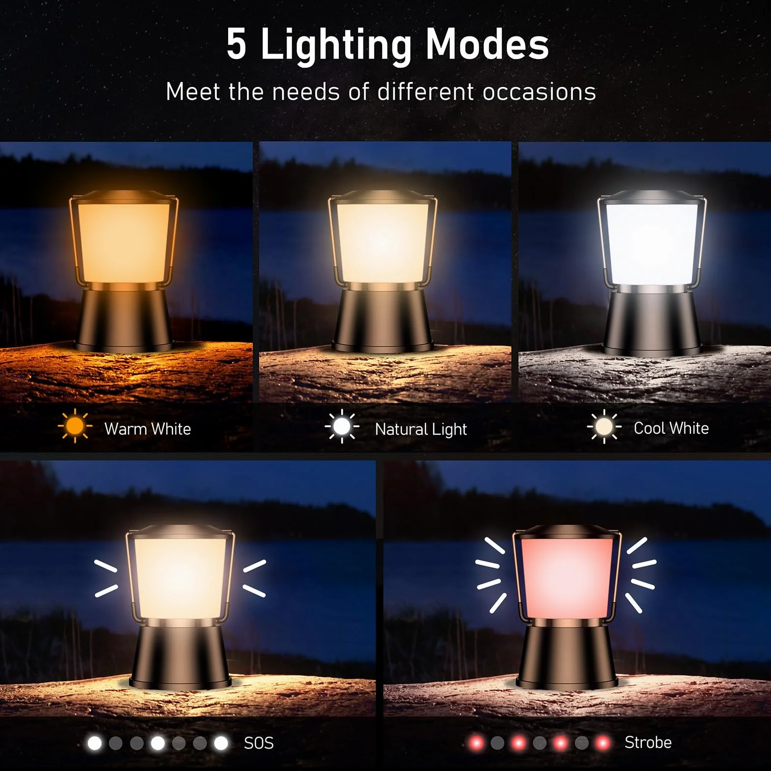 Blukar Lámpara Camping Recargable LED 5 Modos Iluminación Continua Portátil Superbrillante