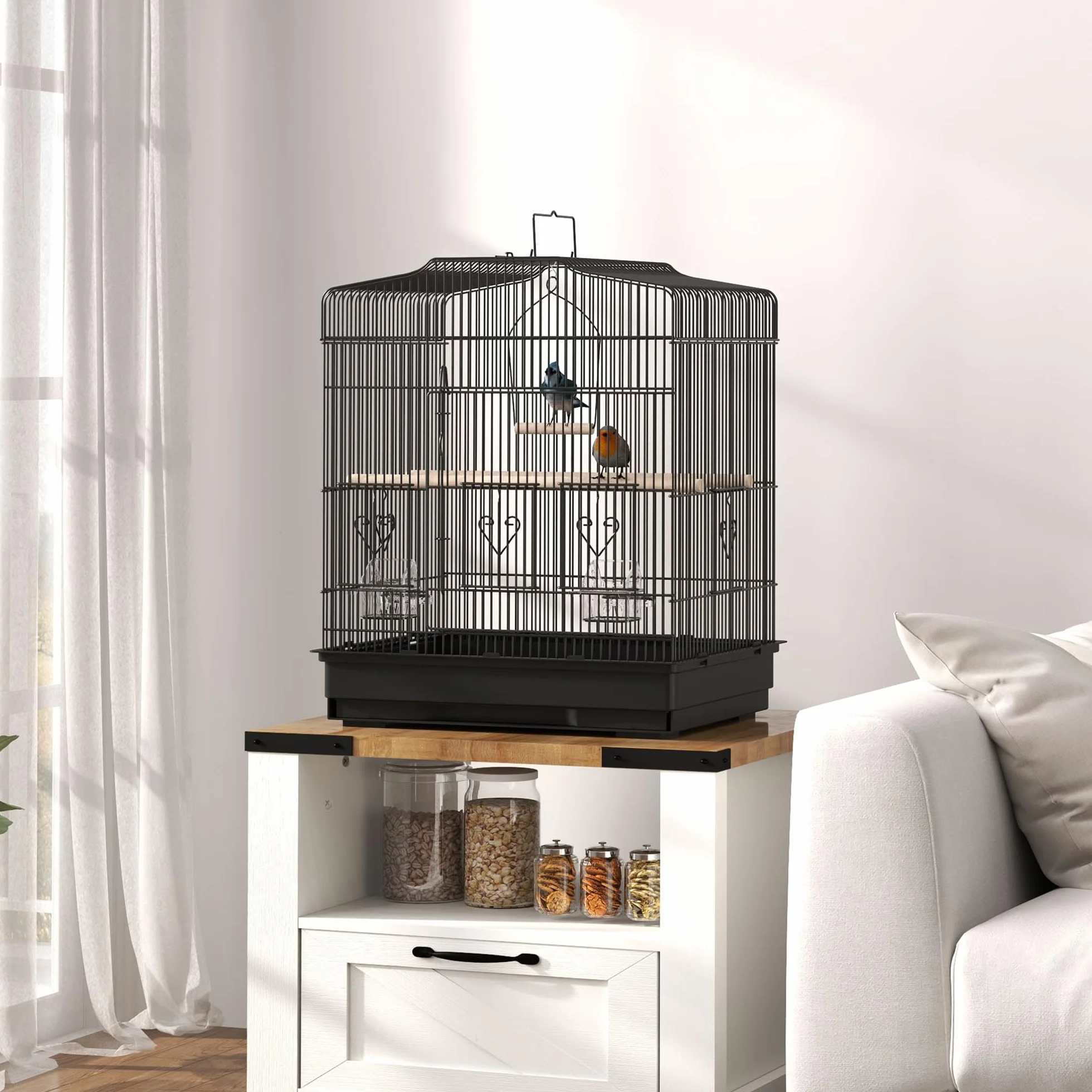 PawHut Jaula para Pájaros, Jaula de Acero para Pájaros con Puertas, 2 Comederos, 2 Perchas, Columpio, Bandeja Extraíble y Asa de Transporte, para Loro, Canario, Periquito, 46,5x36x59 cm, Negro