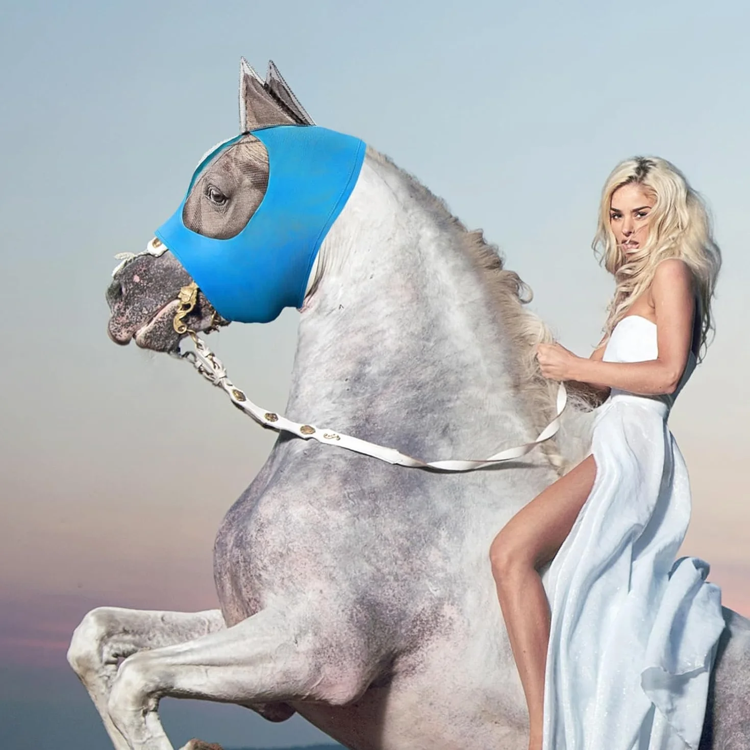 Máscara de Mosca Azul para Caballos con Orejas, Protección UV y Moscas, Malla Transpirable