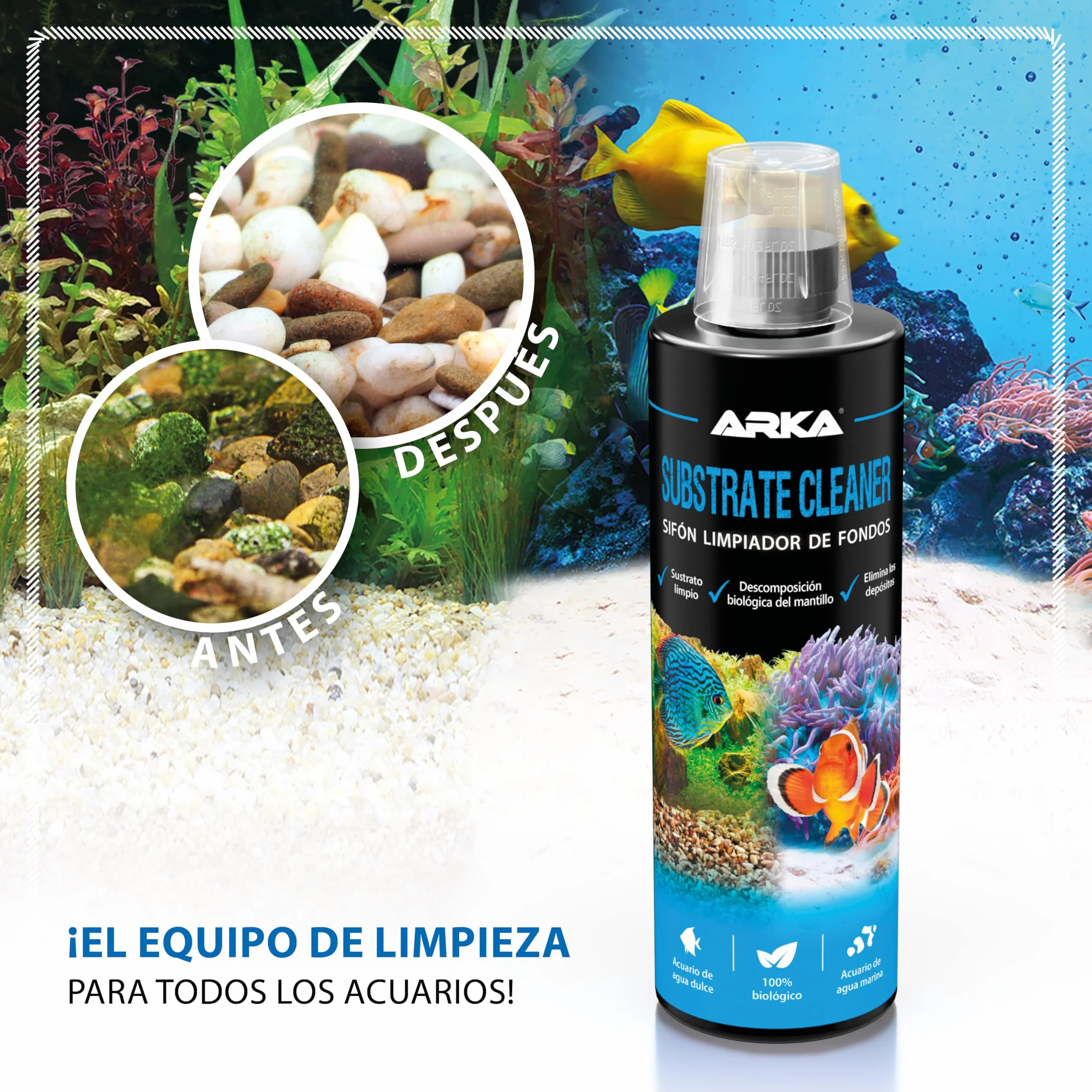 Limpiador Fondo Acuario 236 ml – ARKA Substrate Cleaner – 100% biológico con bacterias vivas – Elimina Lodo, restos y Suciedad – sin sifón ni Tubo – Agua Clara en Dulce y Marino