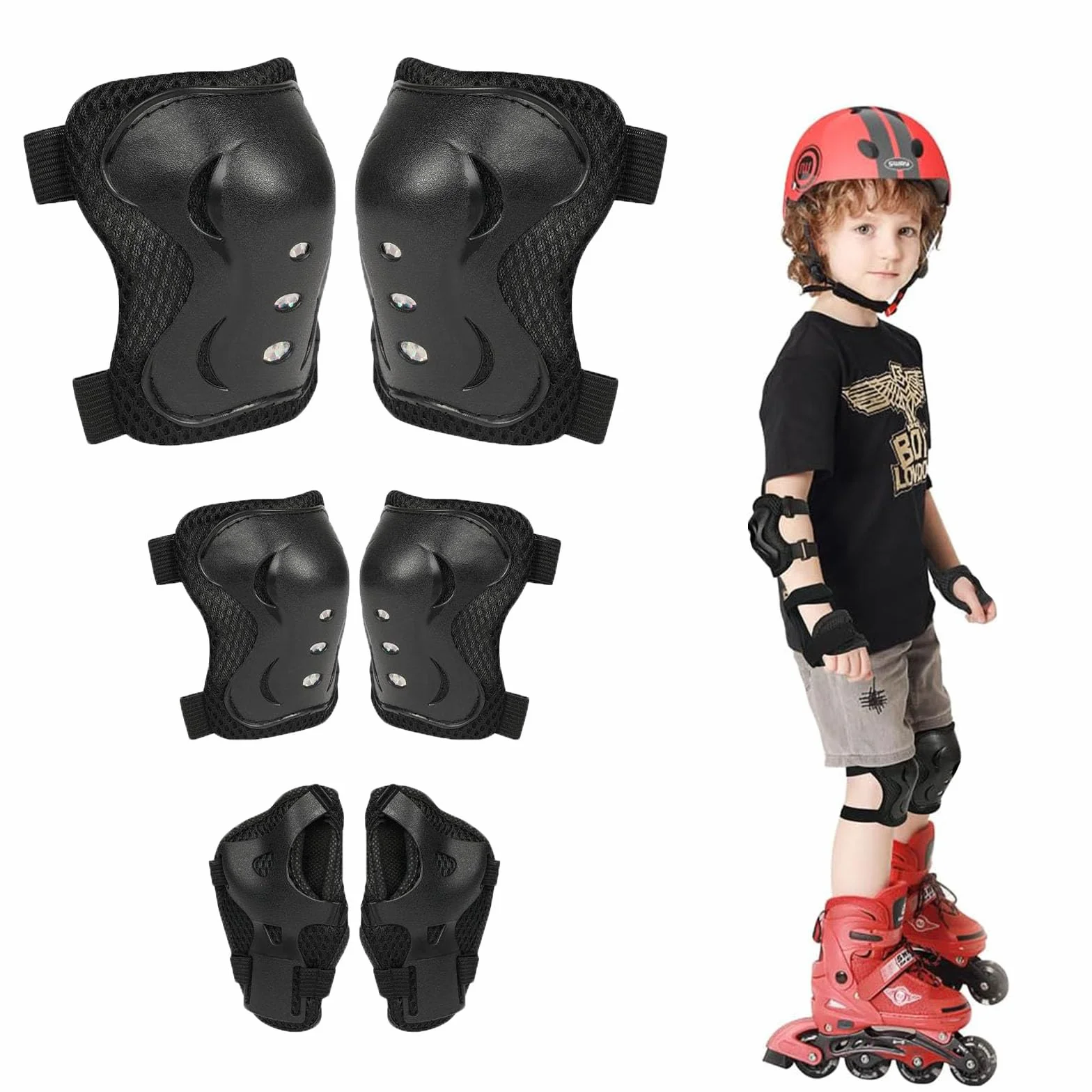 Set de Protección Infantil Negro Rodilleras Coderas Muñequeras 6 Piezas para Patines Bicicleta