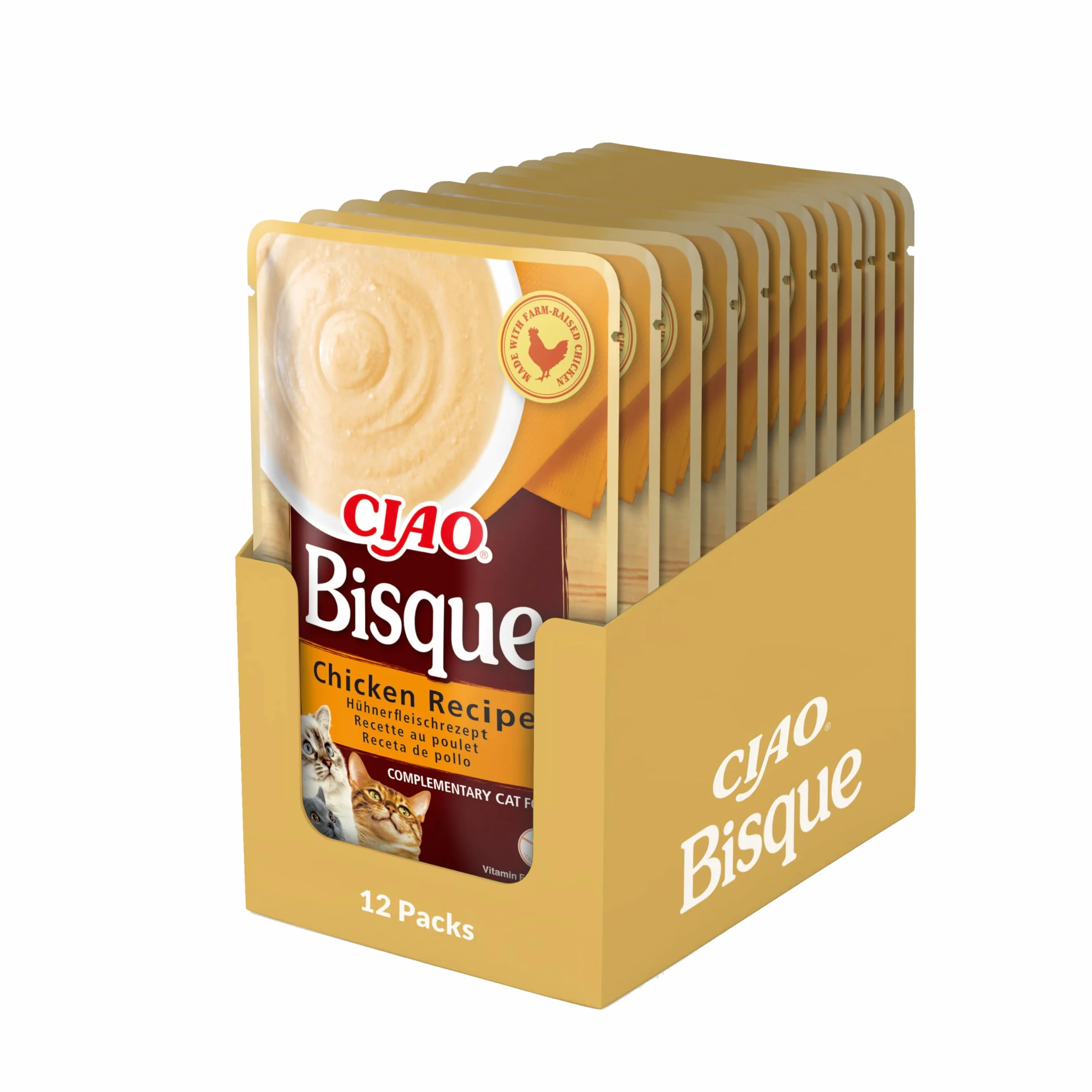INABA Churu Gatos -Snacks de Puré - Receta de Pollo - Premios Cremosos Saludables - Sin Cereales, Conservantes, Colorantes - Sólo 16 Calorías - 480G(12x40g)