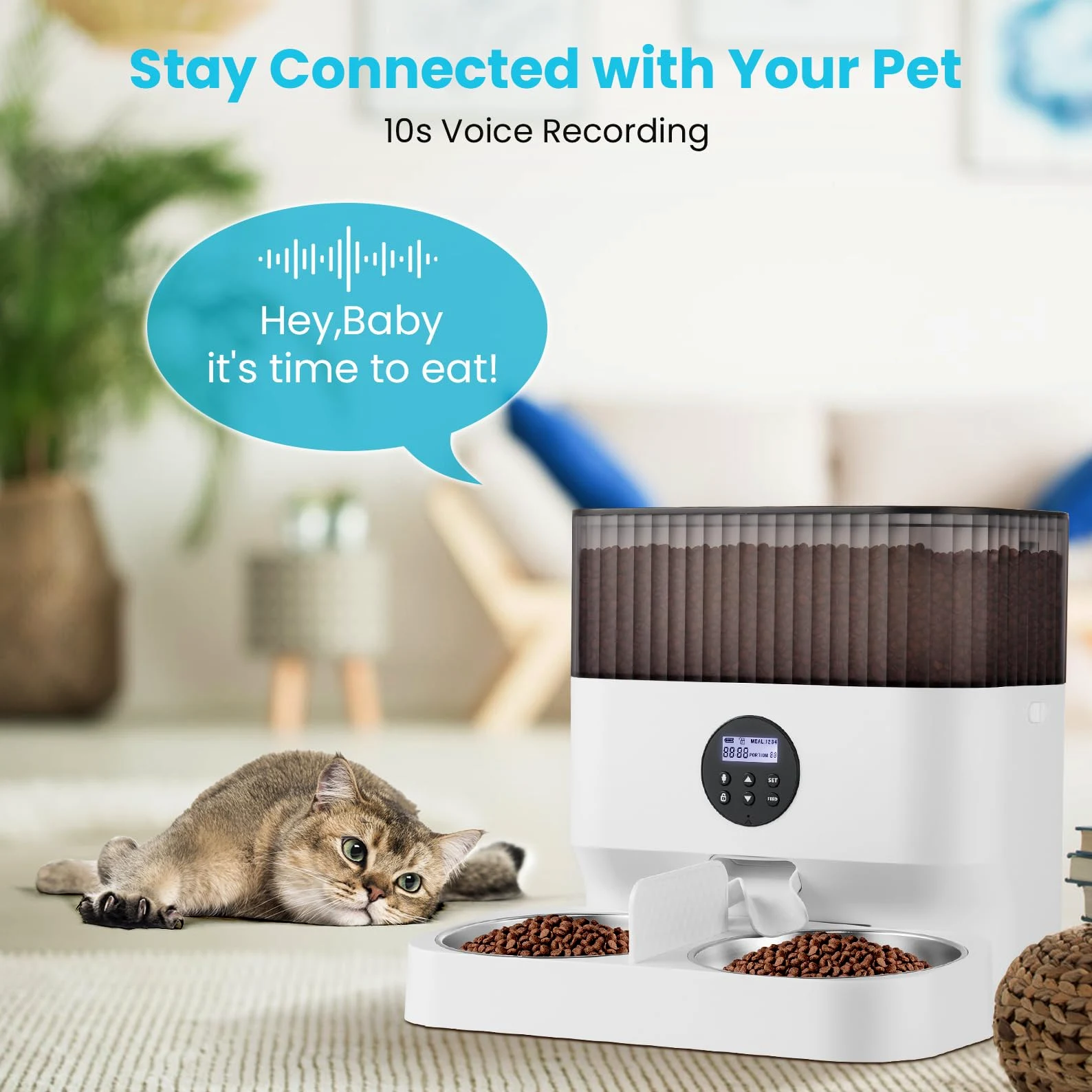 Sailvono - Comedero automático para Gatos y Perros, 5 L, con Dos Cuencos de Acero, Control de porciones, grabación de Voz, hasta 4 Comidas al día, Color Blanco