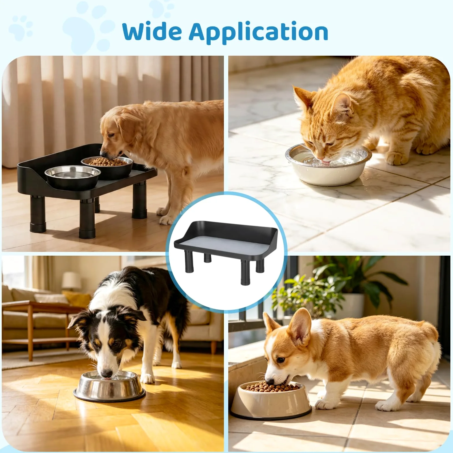 Comedero para perros elevado, barra de alimentación ajustable con protección contra salpicaduras, alfombrilla de silicona, pies antideslizantes, plataforma para comida y agua para perros y gatos