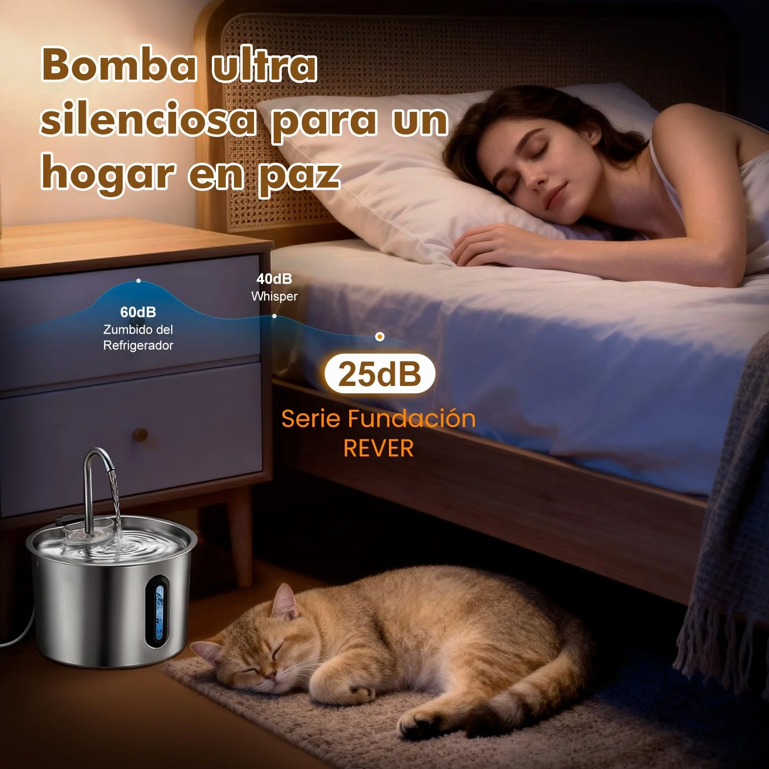 Fuente para Gatos Acero Inoxidable 2,2 L – Rever E101 Fuente de Agua para Gato con Ventana Visible y Bomba Ultra-silenciosa, Sistema de Multi-filtración, Bebedero Gatos y Animales Pequeños (Plata)