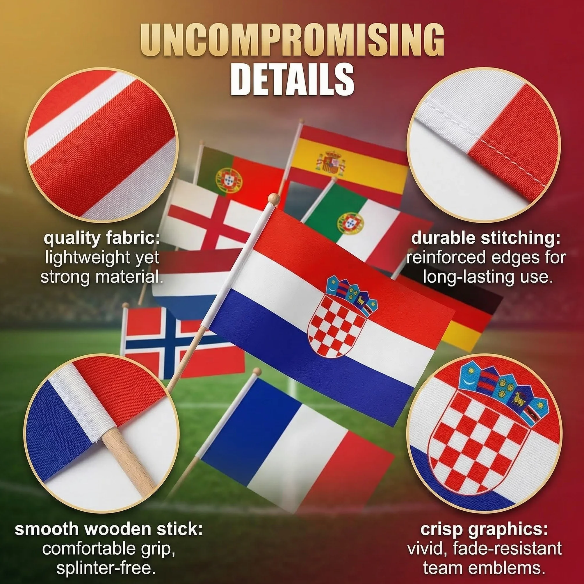 Bandera de Mano 2026 Copa del Mundo Fútbol, 8 Países 30cm Palo, Doble Cara Decoración Mundial