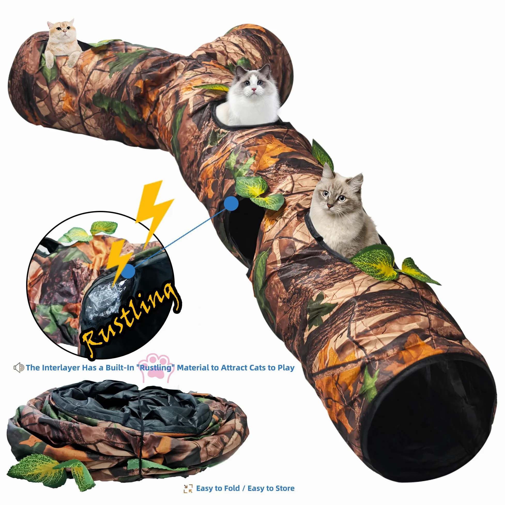 Túnel para gatos de interior grande, juguete de cama para gatos con tres canales y hojas, cueva para gatos en forma de Y, plegable, fácil de almacenar, adecuado para gatos y otras mascotas