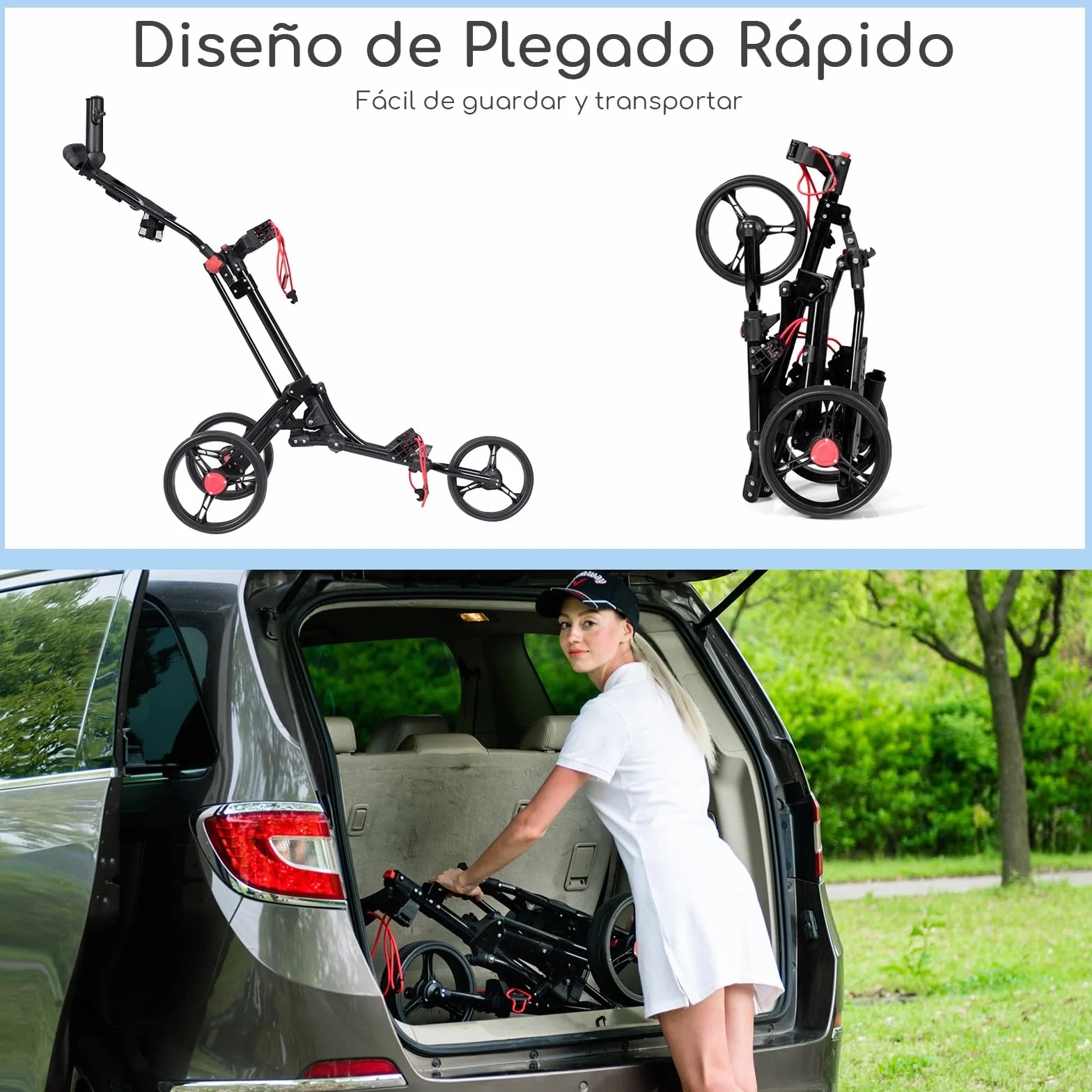 COSTWAY Carrito de Golf 3 Ruedas Plegable Ajustable Aluminio con Paragüero Negro