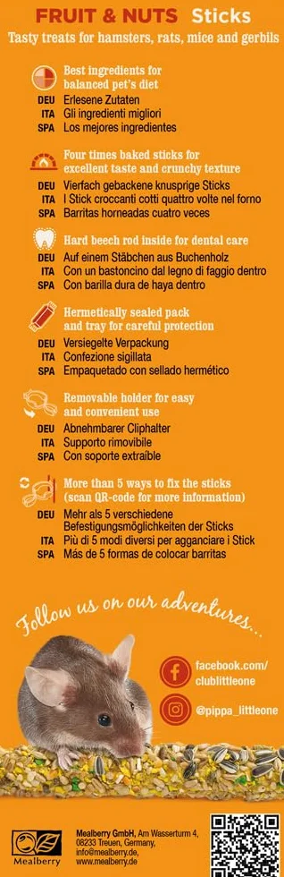 Little One Fruit & Nuts Sticks | 120 g (2 x 60 g) | Snack complementario para hámsters, Ratas, Ratones y jerbos | con Frutas y nueces | Fácil de Sujetar